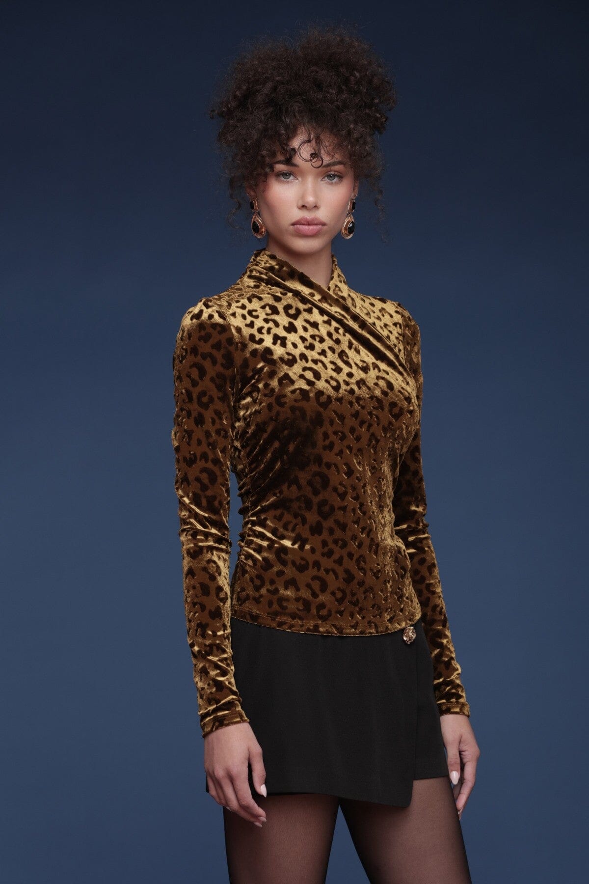 Leopard pattern velvet wrap top with mock-wrap crossover front and long fitted sleeves - Shop cute women's tops by Avec Les Filles