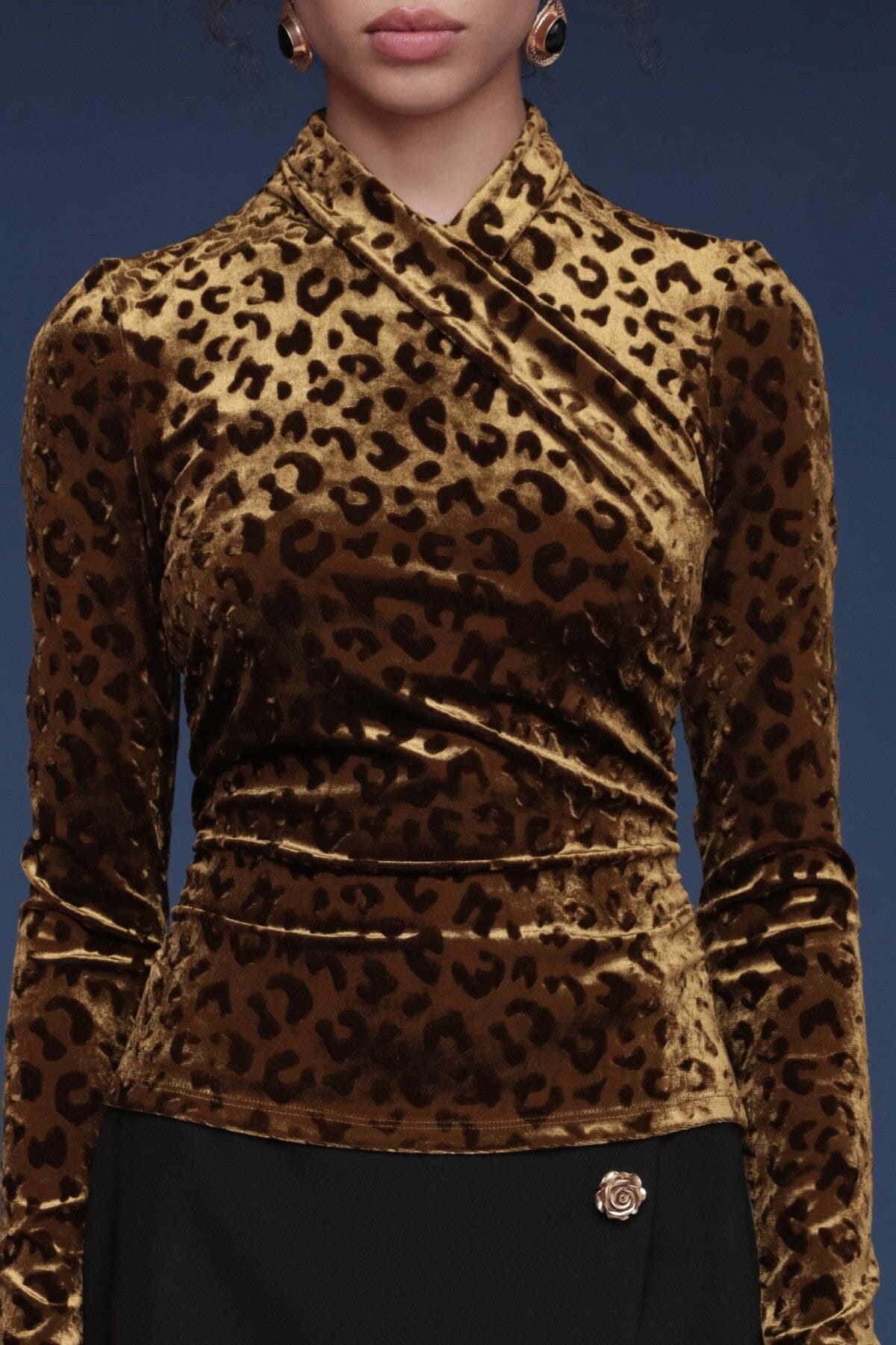 Leopard pattern velvet wrap top with mock-wrap crossover front and long fitted sleeves - Shop cute women's tops by Avec Les Filles