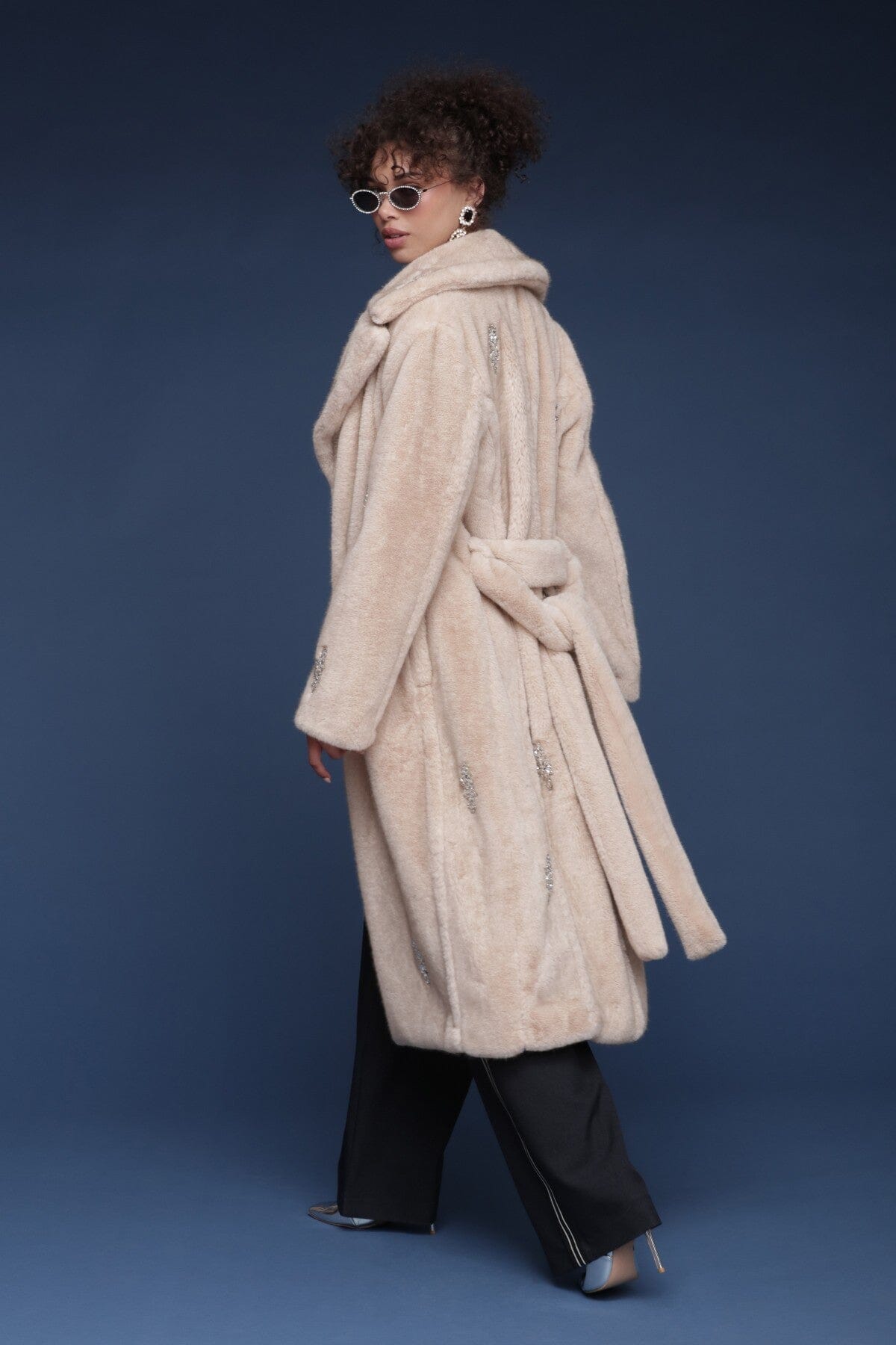 Crystal embellished faux fur grey wrap coat with detachable belt, button closure and notched lapel collar - Shop designer women's long coats by Avec Les Filles.