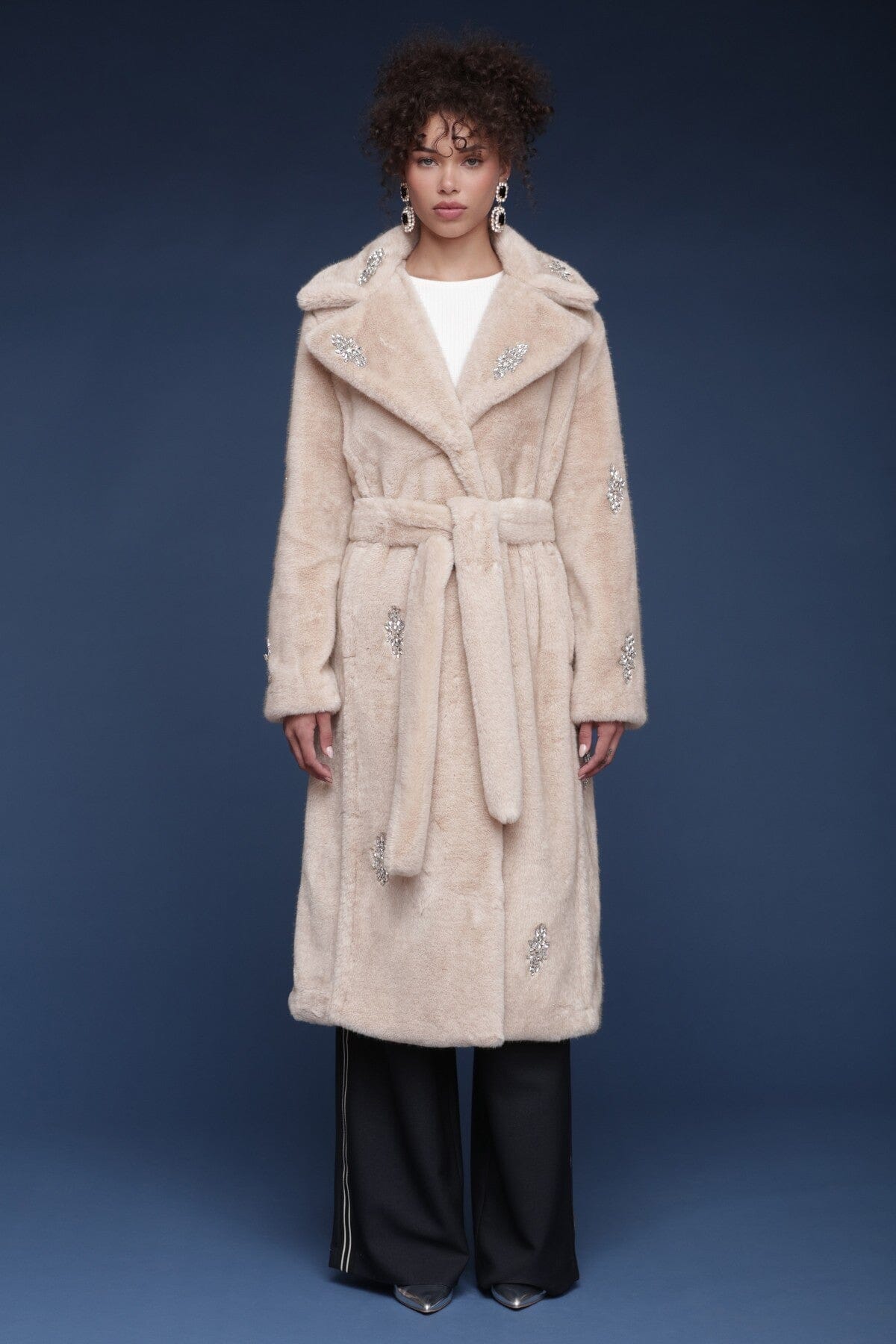 Crystal embellished faux fur grey wrap coat with detachable belt, button closure and notched lapel collar - Shop designer women's long coats by Avec Les Filles.