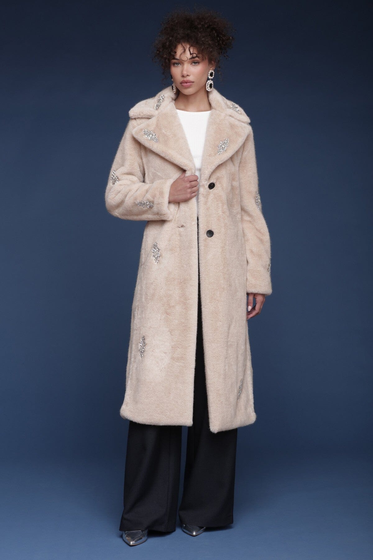 Crystal embellished faux fur grey wrap coat with detachable belt, button closure and notched lapel collar - Shop designer women's long coats by Avec Les Filles.