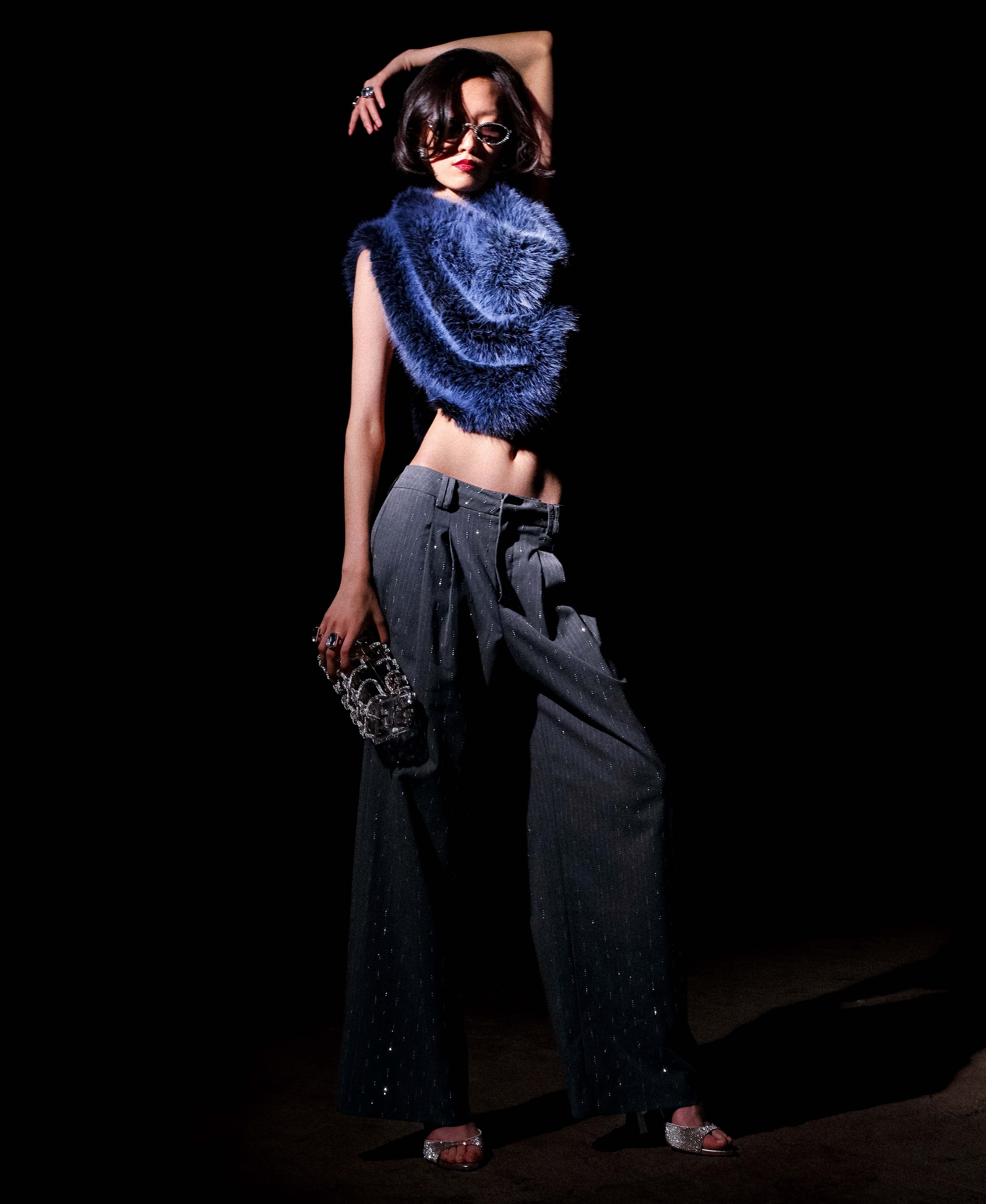 Crystal grey pinstripe wide-leg trouser with front pleats for a tailored structure and flap pockets - Shop designer women's trousers pants by Avec Les Filles