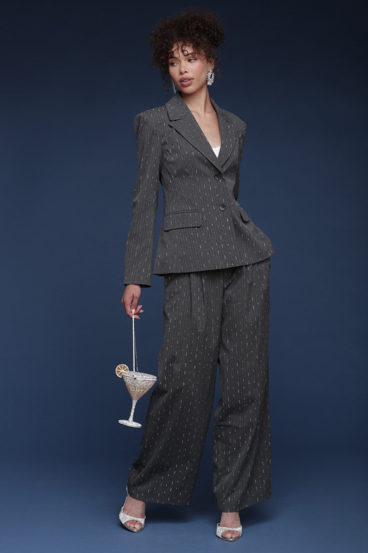 Crystal grey pinstripe wide-leg trouser with front pleats for a tailored structure and flap pockets - Shop designer women's trousers pants by Avec Les Filles