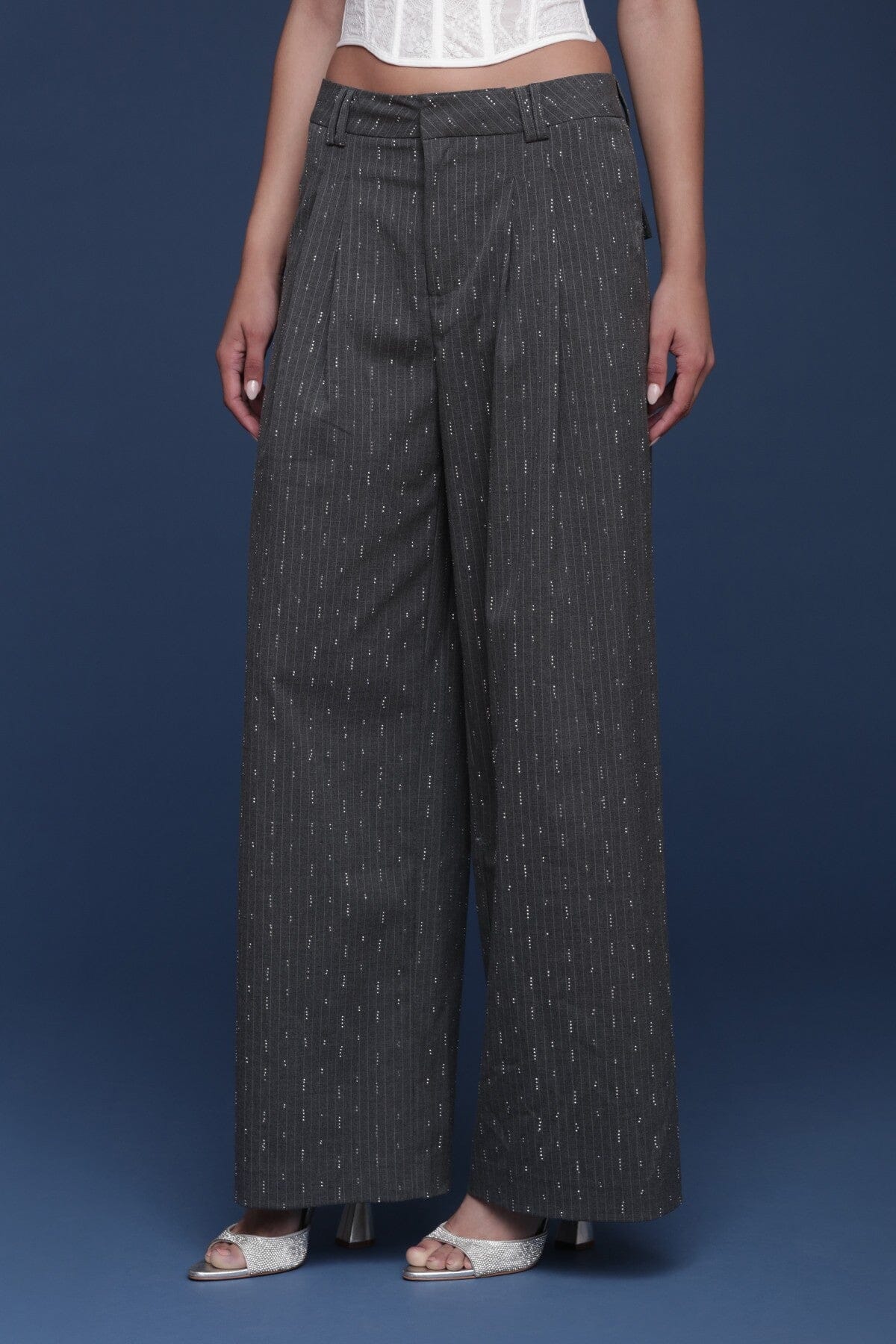 Crystal grey pinstripe wide-leg trouser with front pleats for a tailored structure and flap pockets - Shop designer women's trousers pants by Avec Les Filles