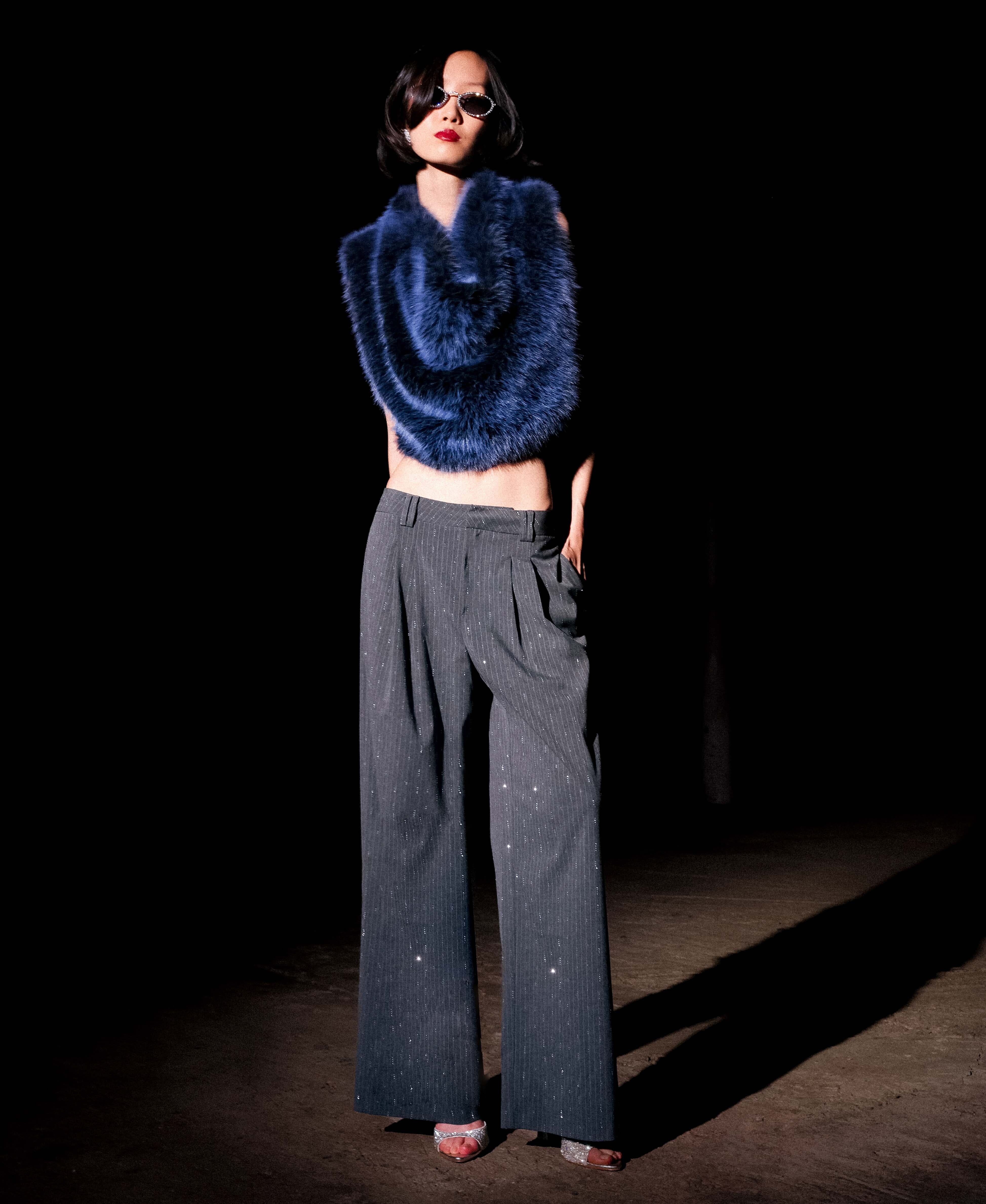 Crystal grey pinstripe wide-leg trouser with front pleats for a tailored structure and flap pockets - Shop designer women's trousers pants by Avec Les Filles