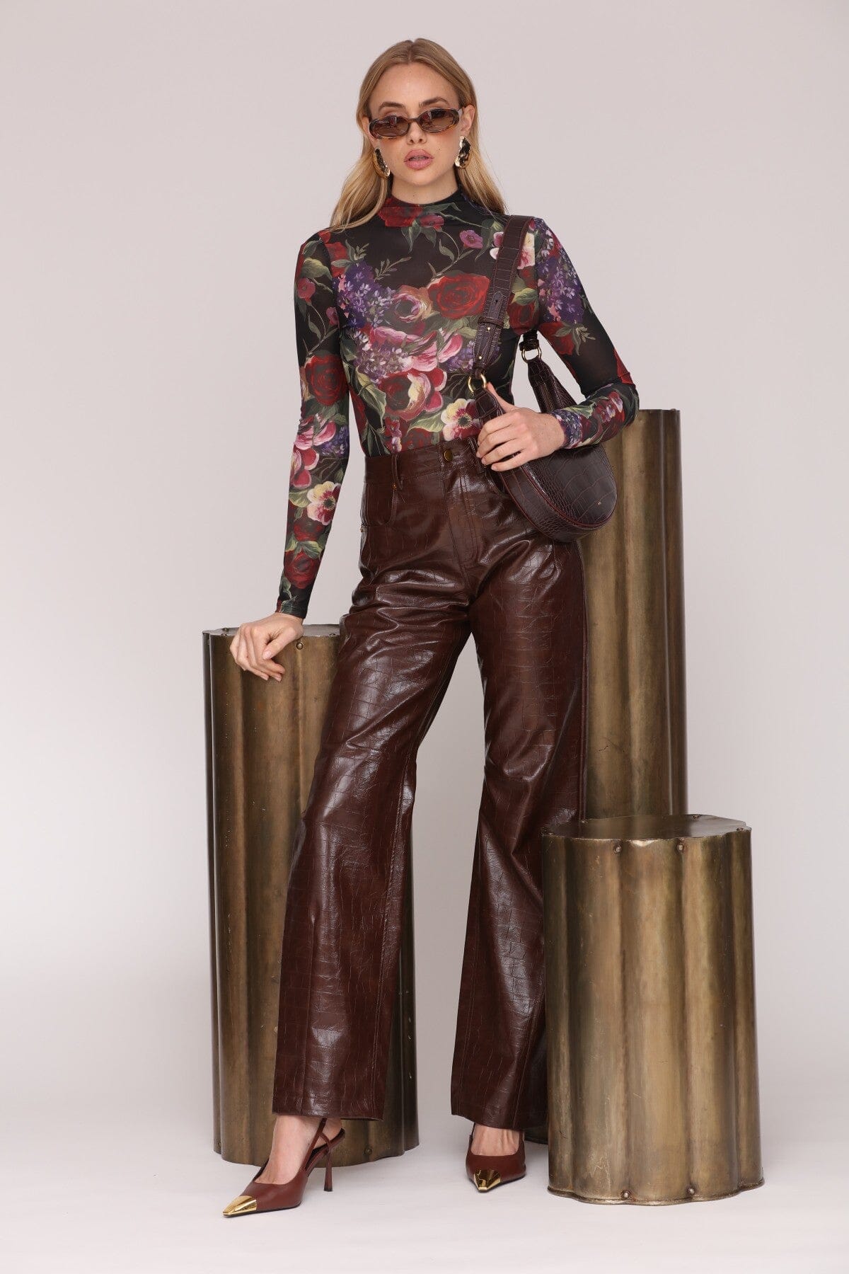 Portofino rose mockneck multicolor top with long sleeves and an all-over dark floral print on sheer mesh - Shop cute women’s tops by Avec Les Filles