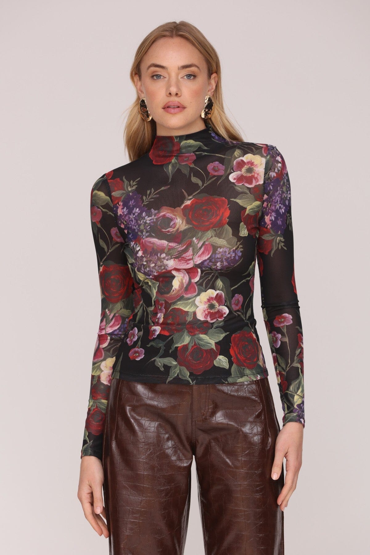 Portofino rose mockneck multicolor top with long sleeves and an all-over dark floral print on sheer mesh - Shop cute women’s tops by Avec Les Filles