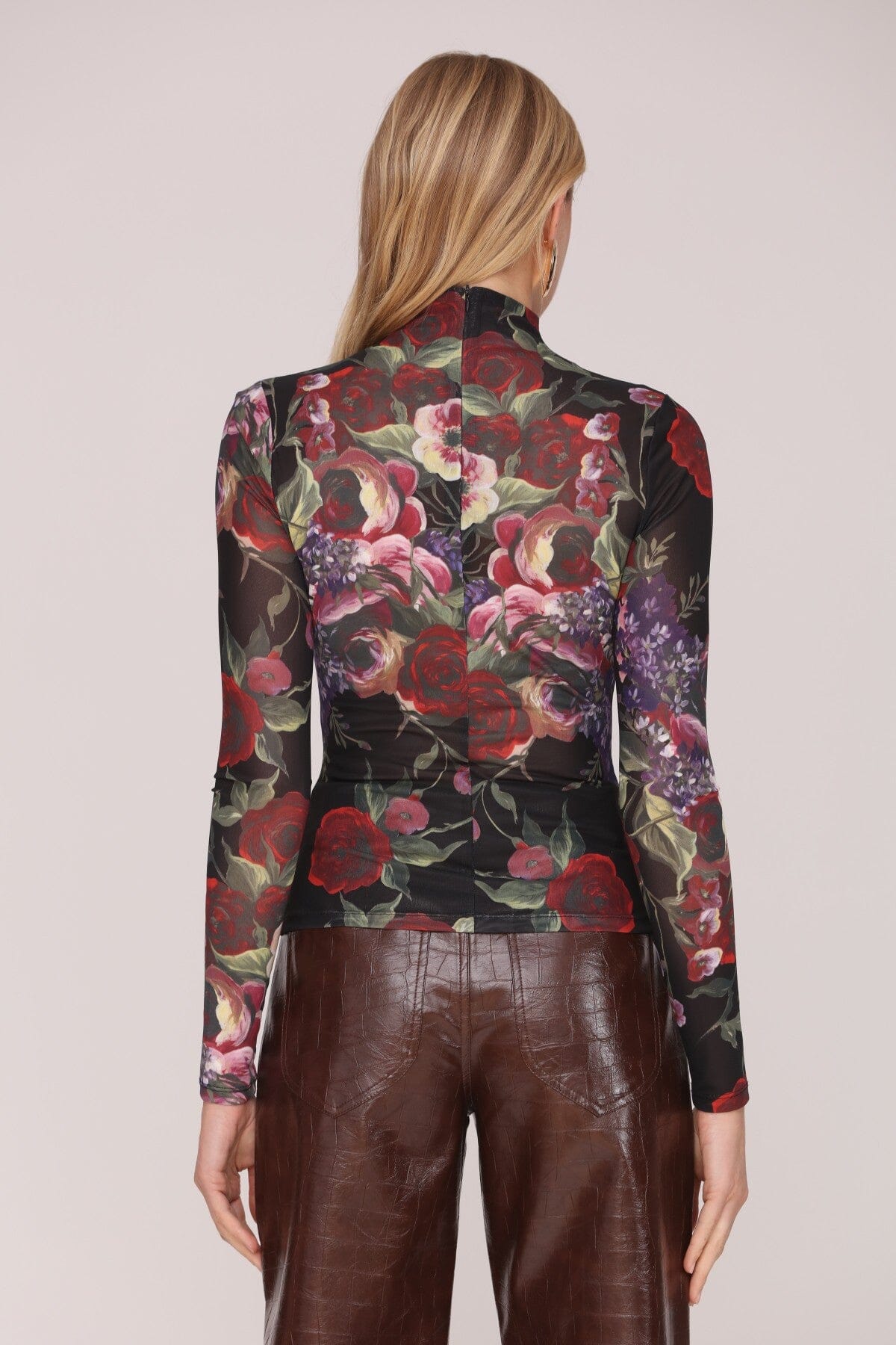 Portofino rose mockneck multicolor top with long sleeves and an all-over dark floral print on sheer mesh - Shop cute women’s tops by Avec Les Filles