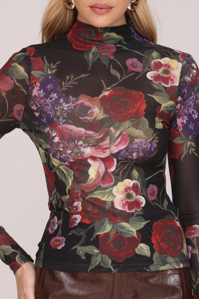 Portofino rose mockneck multicolor top with long sleeves and an all-over dark floral print on sheer mesh - Shop cute women’s tops by Avec Les Filles