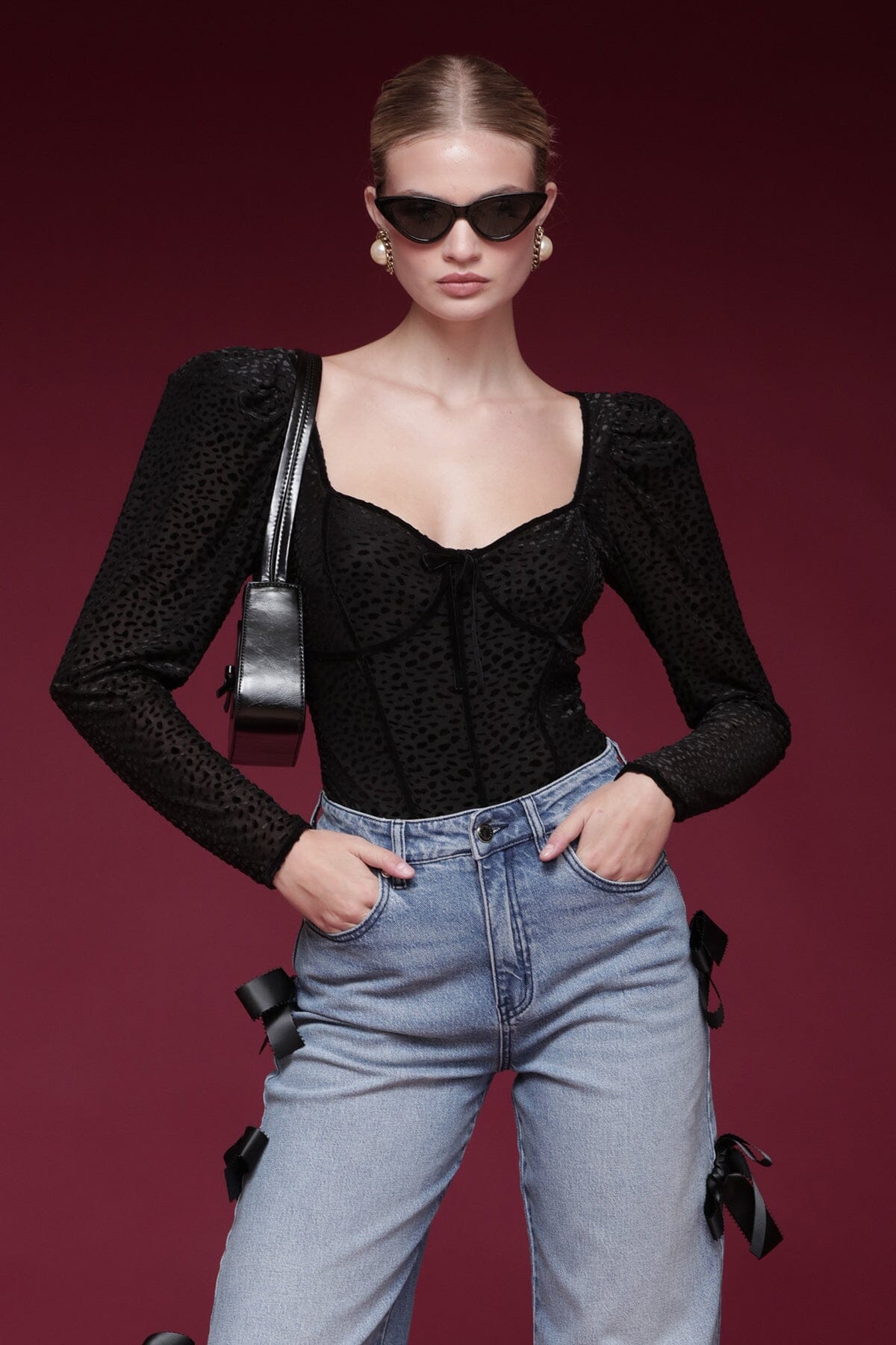 Animal-textured black velvet sweetheart top with long sheer puff sleeves with slight gathering - Shop designer women's tops by Avec Les Filles