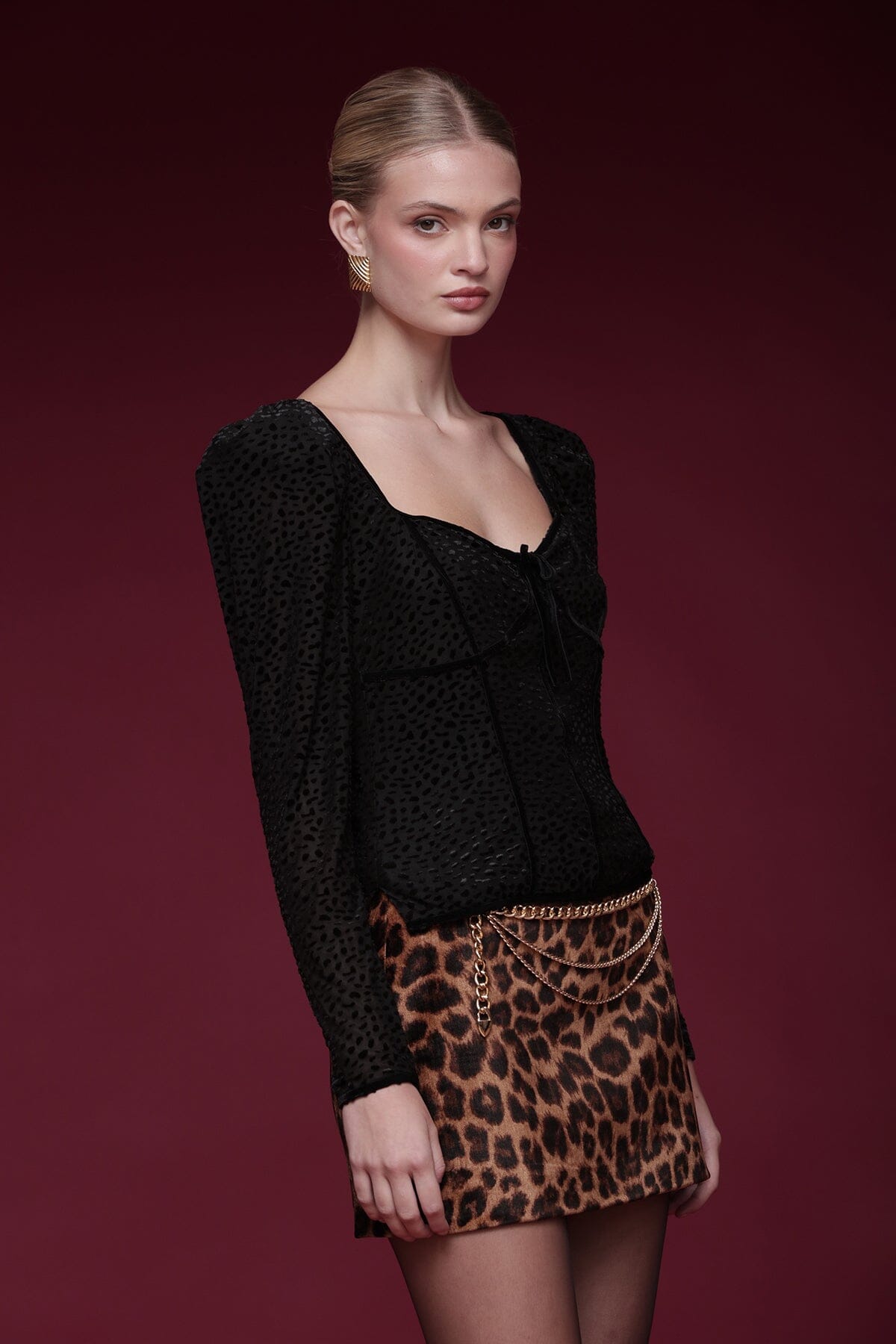 Animal-textured black velvet sweetheart top with long sheer puff sleeves with slight gathering - Shop designer women's tops by Avec Les Filles