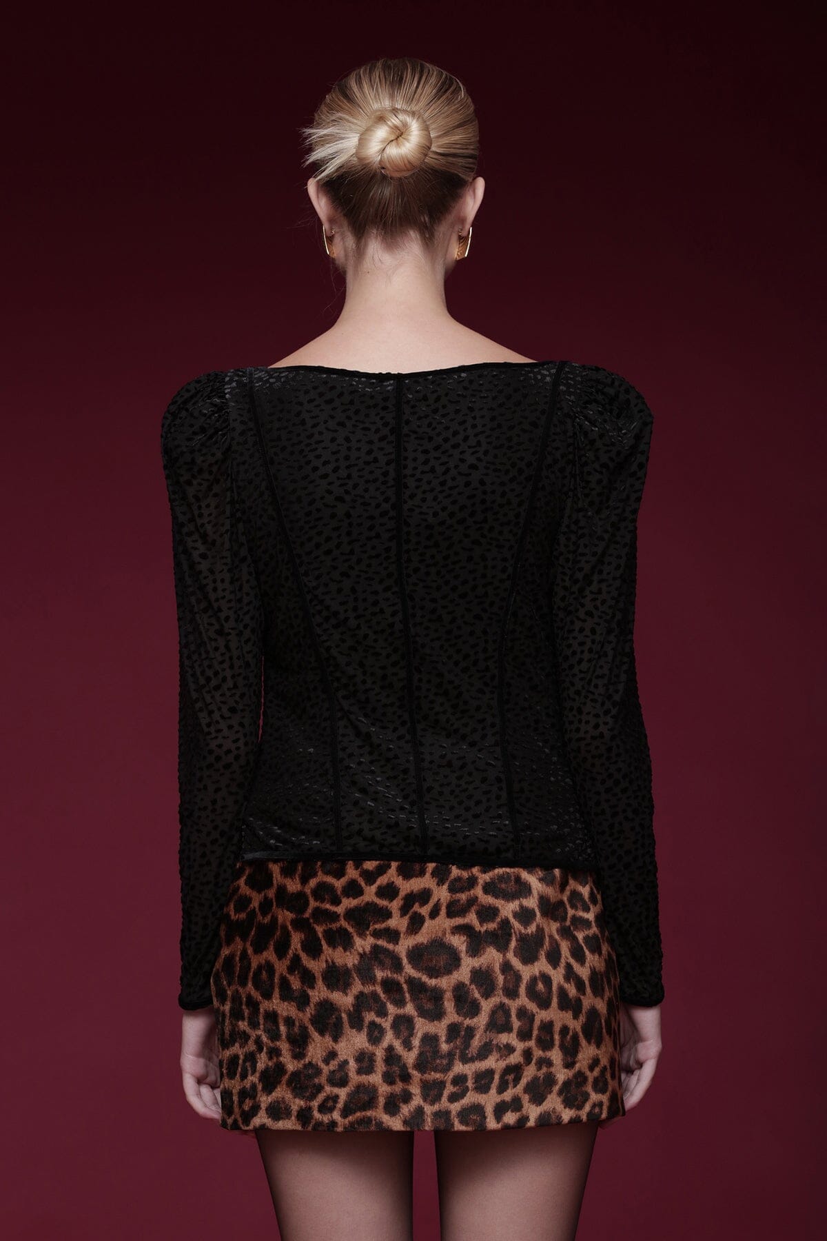 Animal-textured black velvet sweetheart top with long sheer puff sleeves with slight gathering - Shop designer women's tops by Avec Les Filles