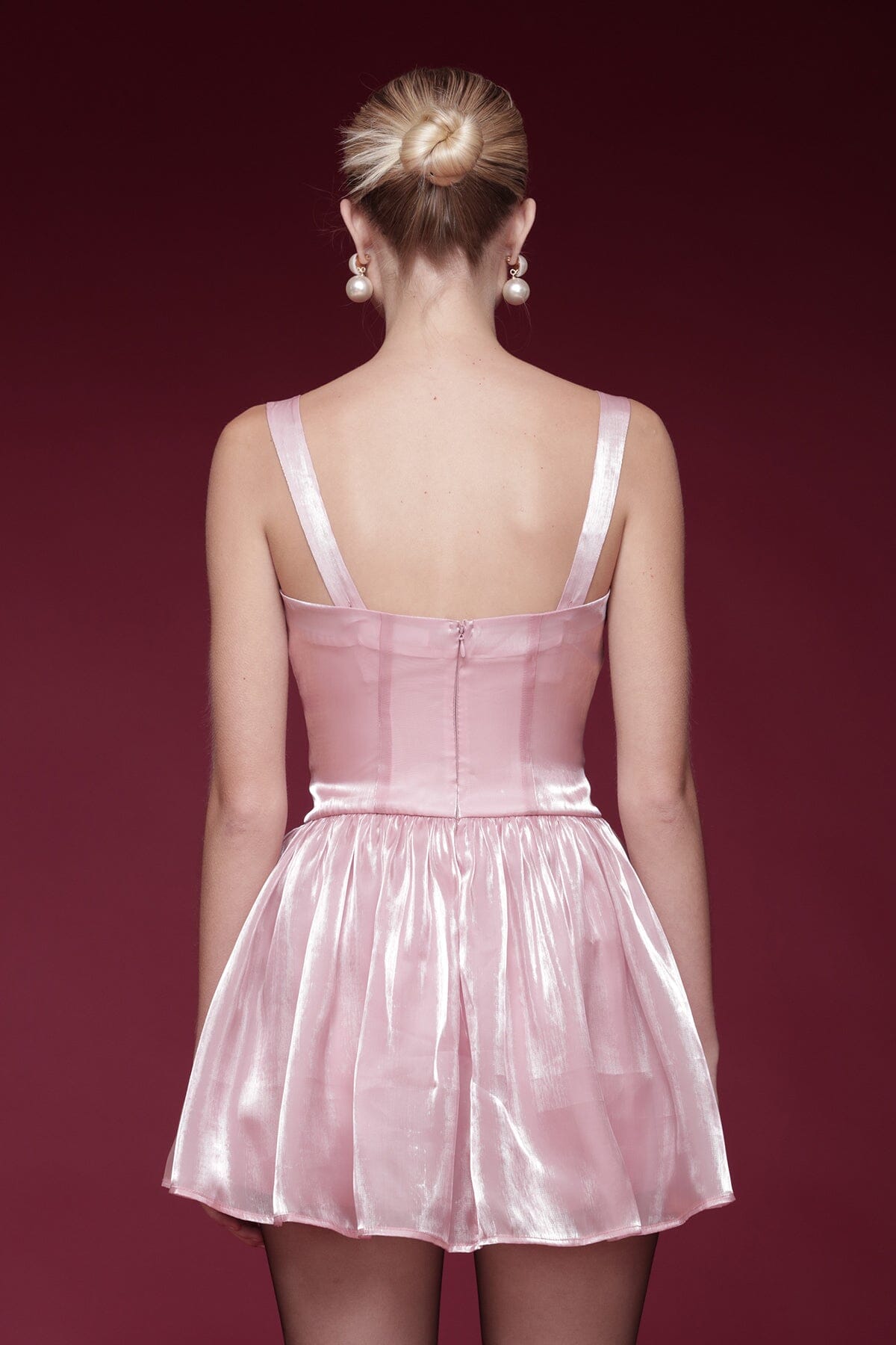 Organza drop-waist babydoll pink mini dress with corset-style bodice and wide straps - Shop designer women's mini dresses by Avec Les Filles