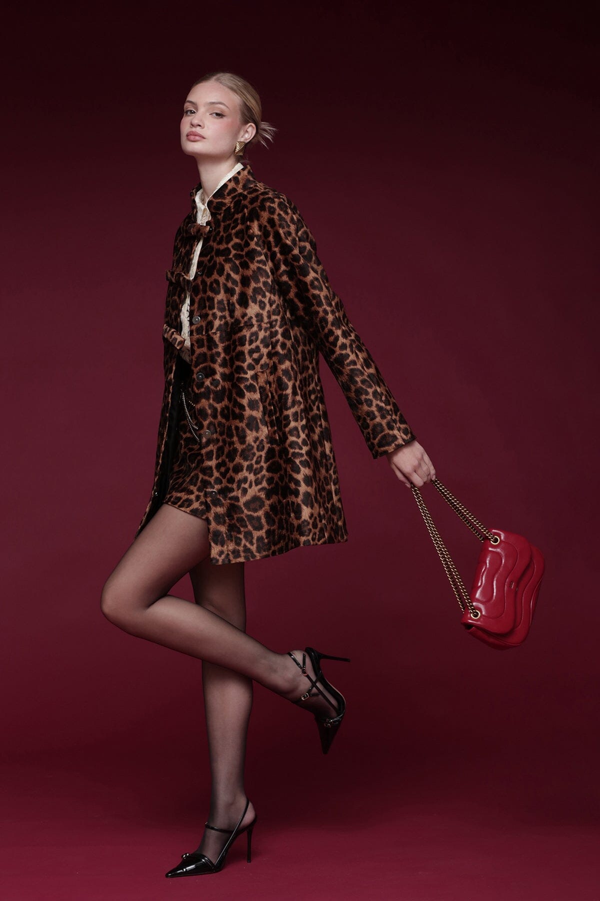 Bow-front leopard print topper coat with raglan sleeves and welt side pockets - Shop designer women's coats by Avec Les Filles