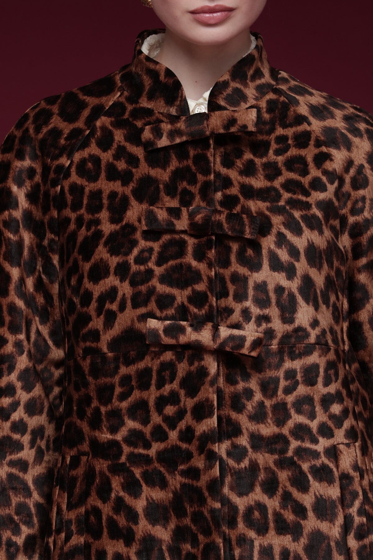Bow-front leopard print topper coat with raglan sleeves and welt side pockets - Shop designer women's coats by Avec Les Filles