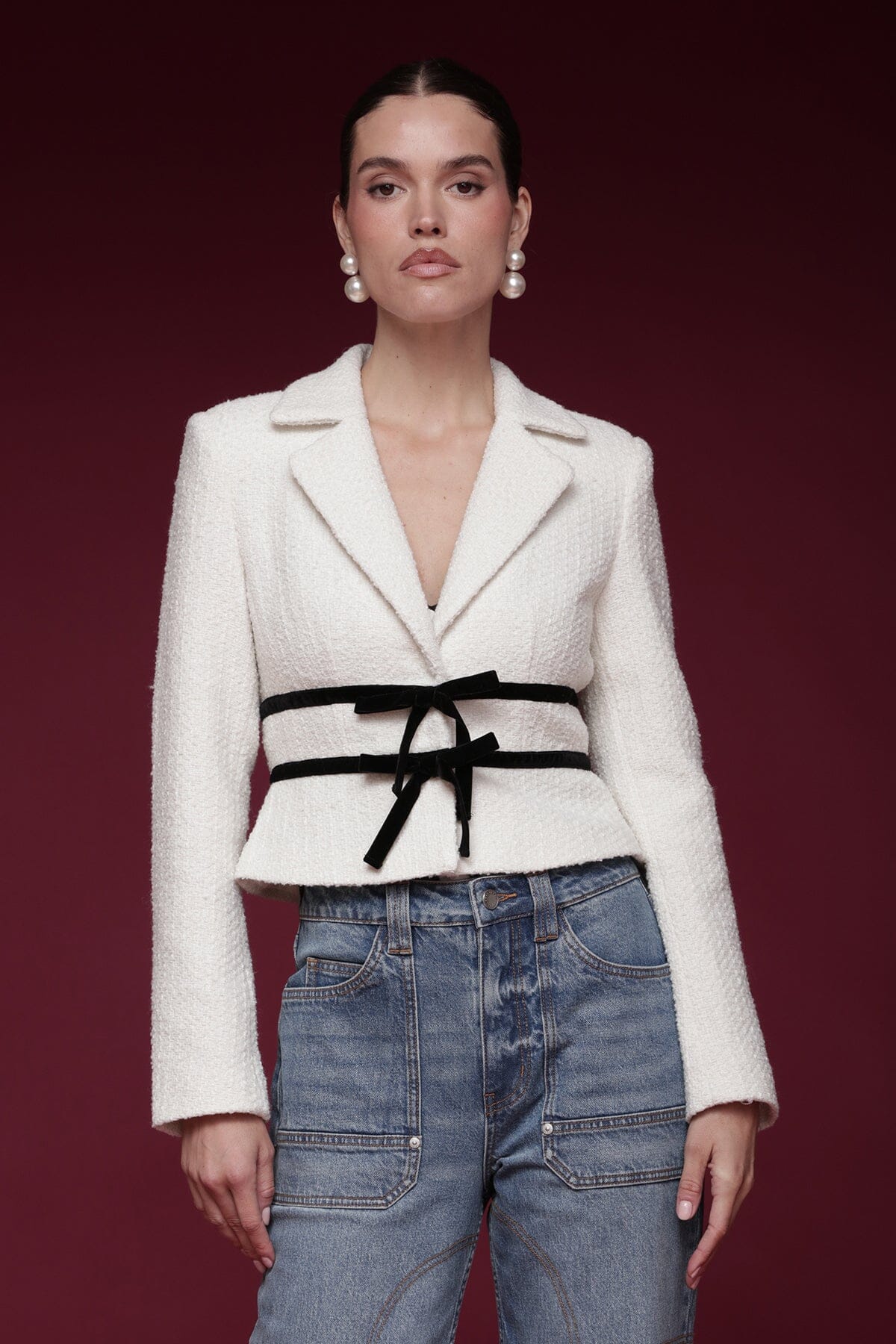 Velvet bow trim tweed cropped ivory jacket with notched lapels and long sleeves - Shop designer women's jackets by Avec Les Filles