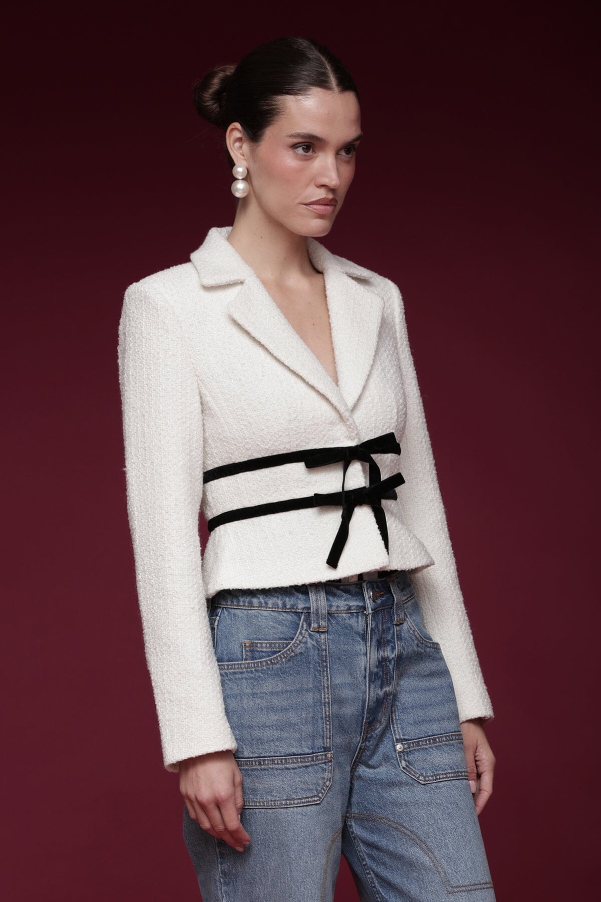 Velvet bow trim tweed cropped ivory jacket with notched lapels and long sleeves - Shop designer women's jackets by Avec Les Filles