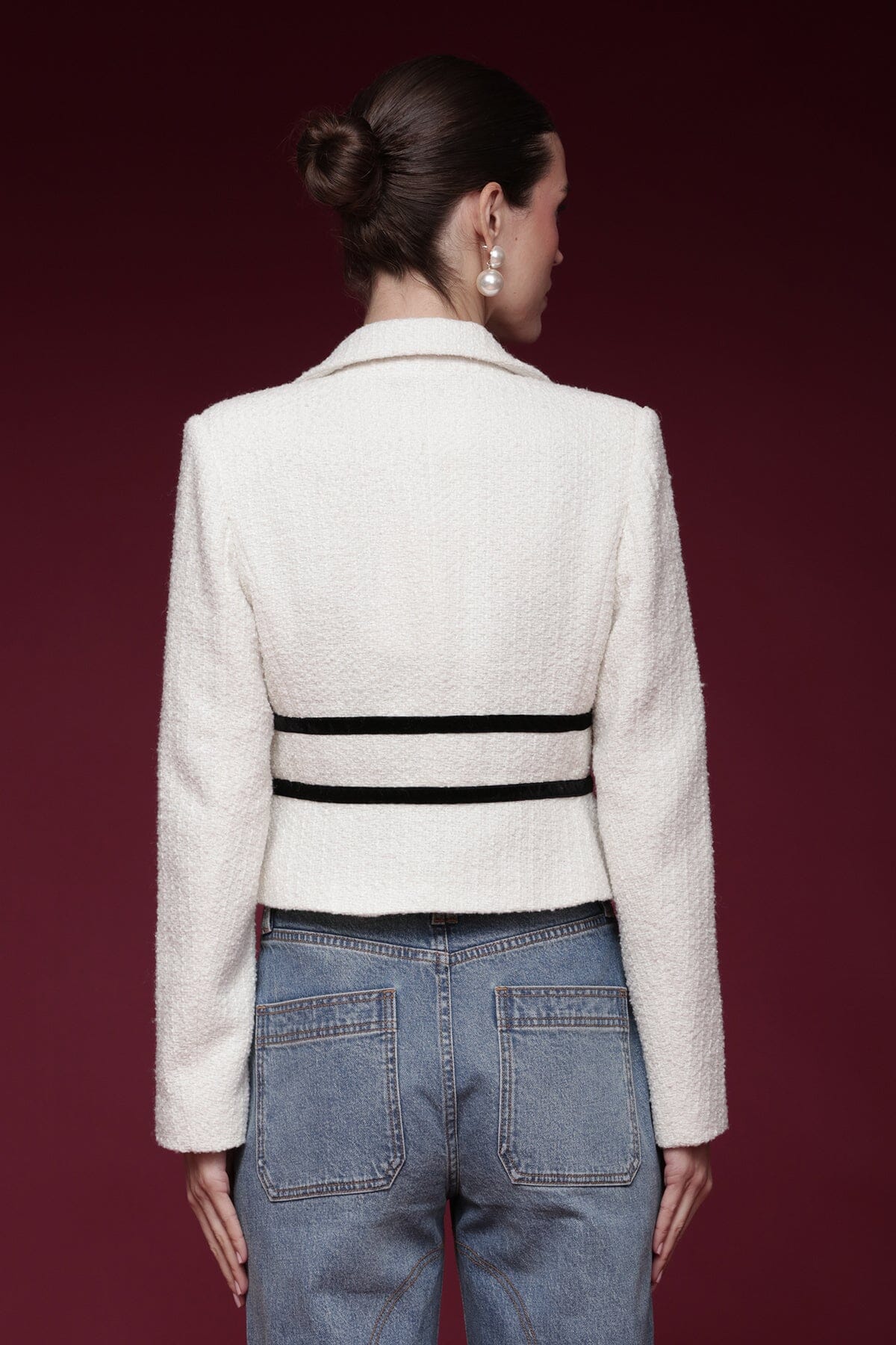 Velvet bow trim tweed cropped ivory jacket with notched lapels and long sleeves - Shop designer women's jackets by Avec Les Filles