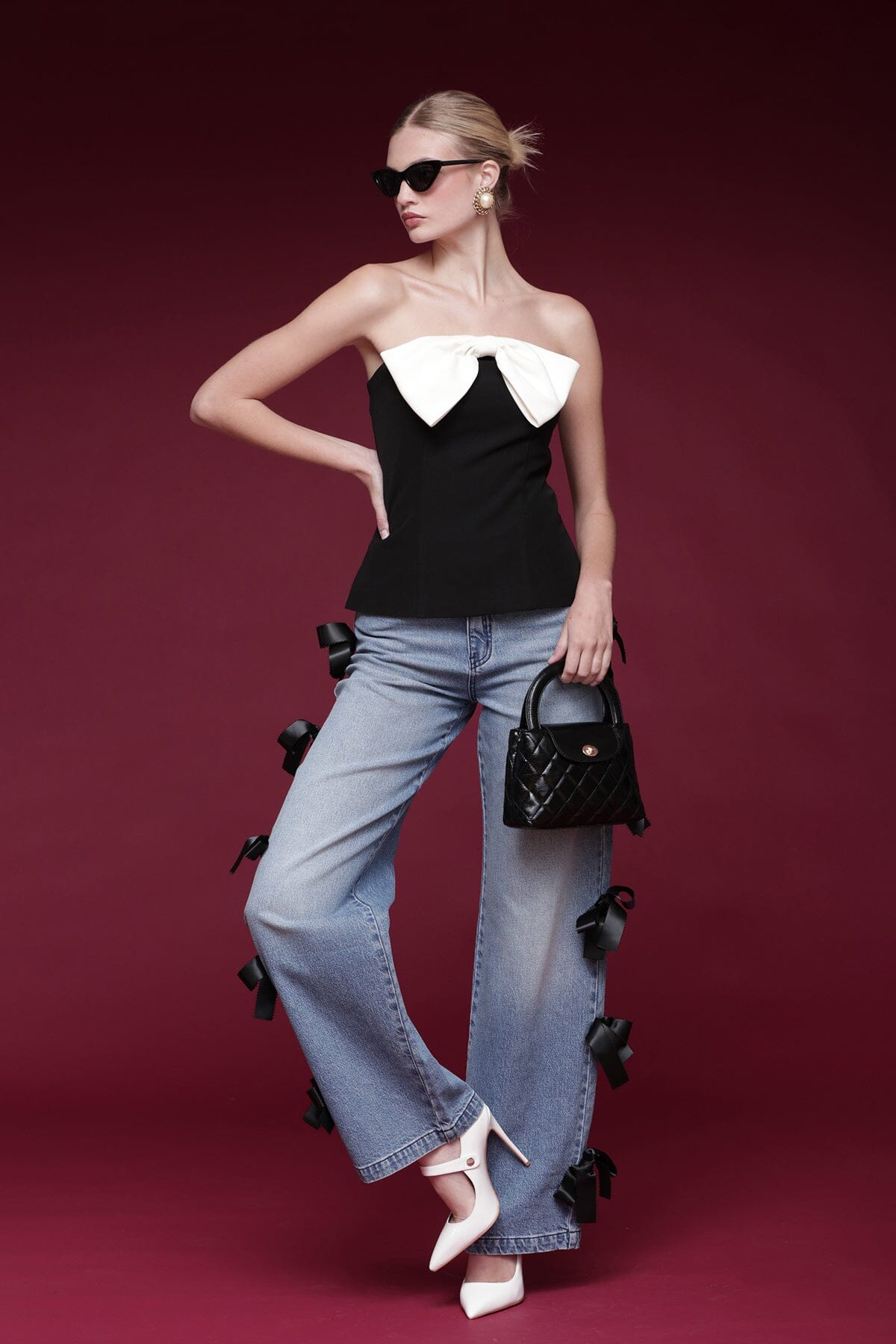 Bow embellished black and white tube top with strapless neckline and fitted bodice - Shop designer women's tube tops by Avec Les Filles
