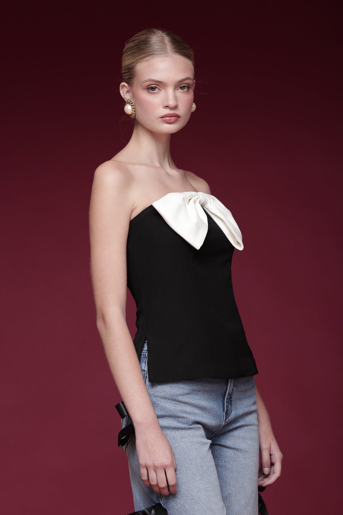 Bow embellished black and white tube top with strapless neckline and fitted bodice - Shop designer women's tube tops by Avec Les Filles