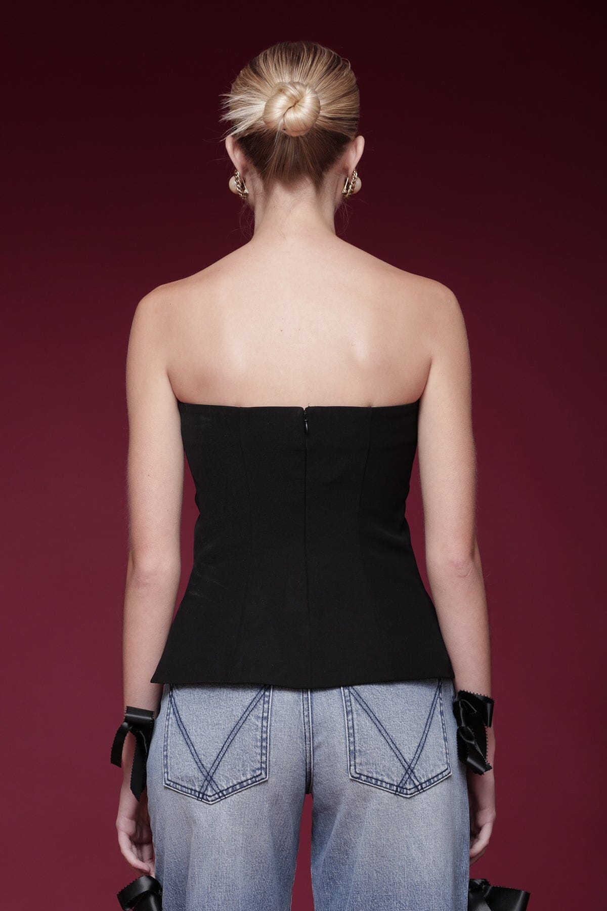Bow embellished black and white tube top with strapless neckline and fitted bodice - Shop designer women's tube tops by Avec Les Filles