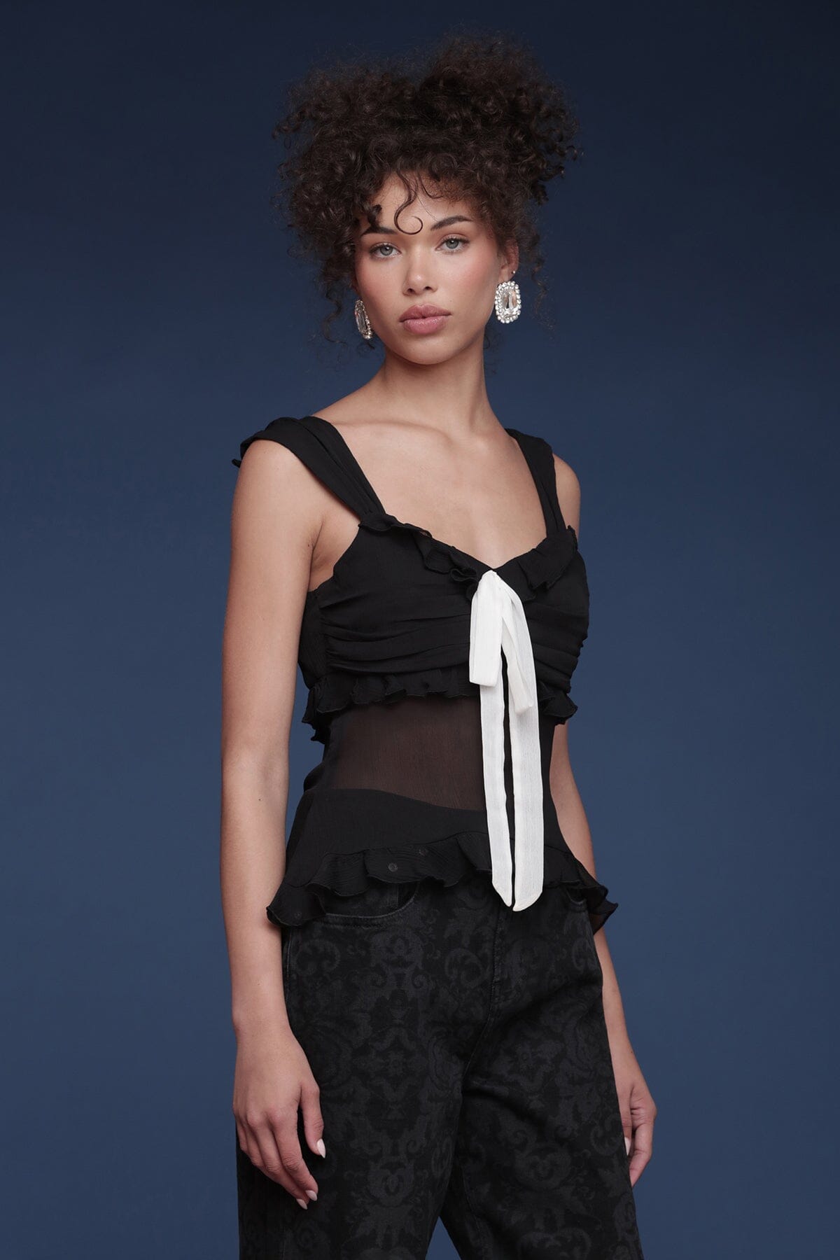 Contrast bow ruffle chiffon sleeveless black and white top with wide straps and a sheer waist panel - Shop designer women's tops by Avec Les Filles
