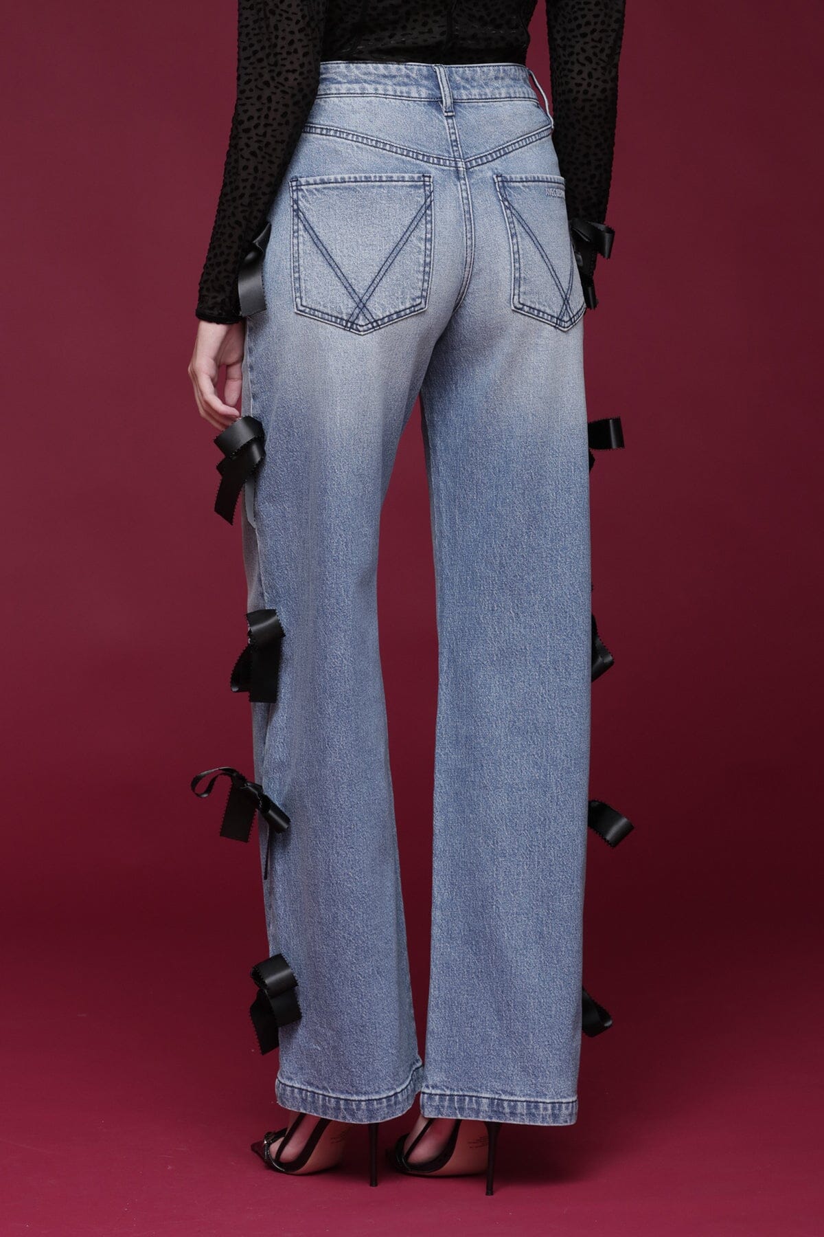 Bow trim wide-leg cotton-blend blue jeans with a high-rise waist and classic five-pocket design - Shop designer women's jeans by Avec Les Filles