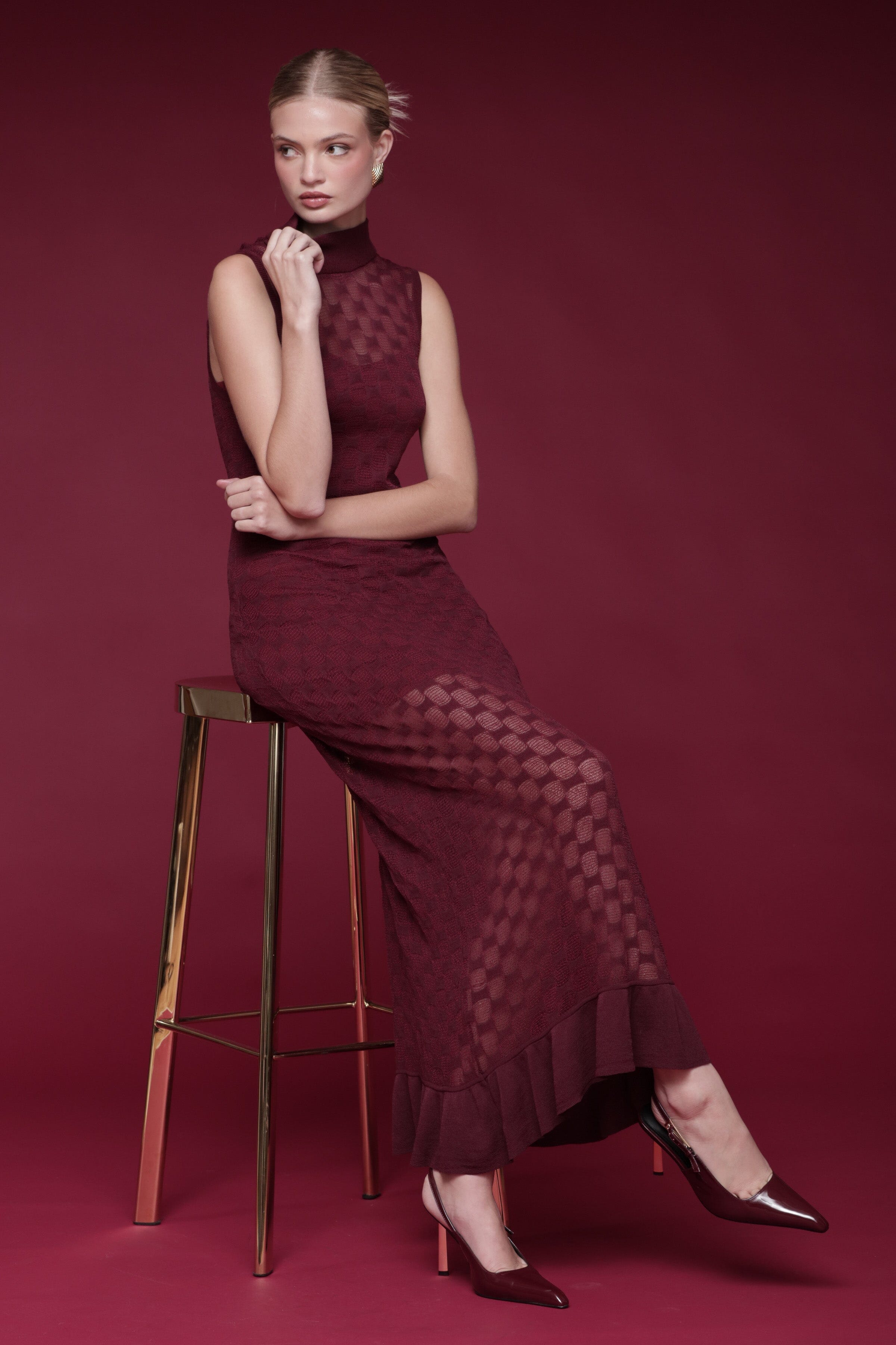 Sheer textured knit sleeveless burgundy maxi dress with mock neckline and sheer ruffle hem - Shop designer women's maxi dresses by Avec Les Filles