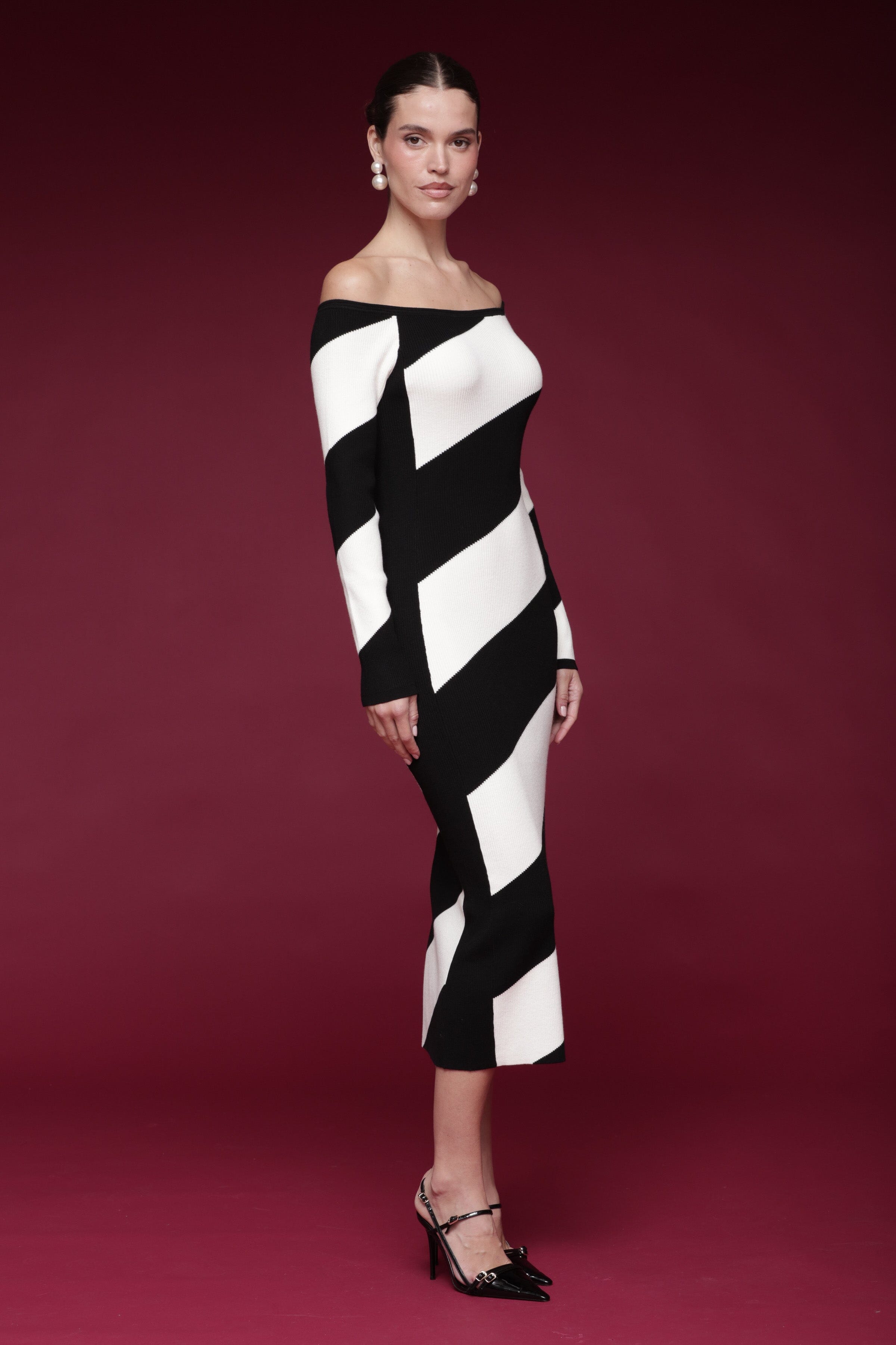 Graphic off-shoulder black and ivory sweater dress with long sleeves and diagonal stripe pattern - Shop women's sweater dresses by Avec Les Filles