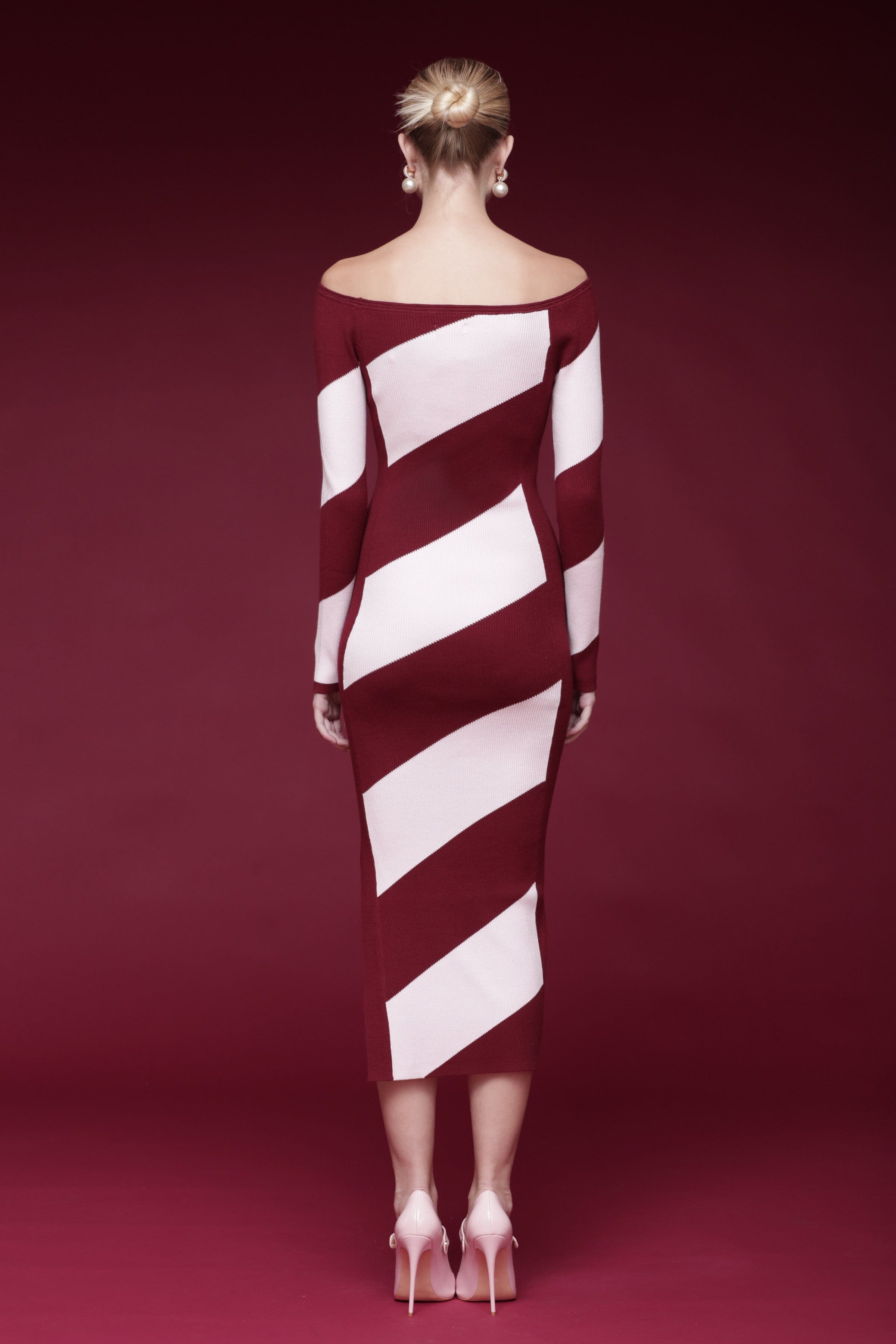 Graphic off-shoulder red and pink sweater dress with long sleeves and diagonal stripe pattern - Shop women's sweater dresses by Avec Les Filles