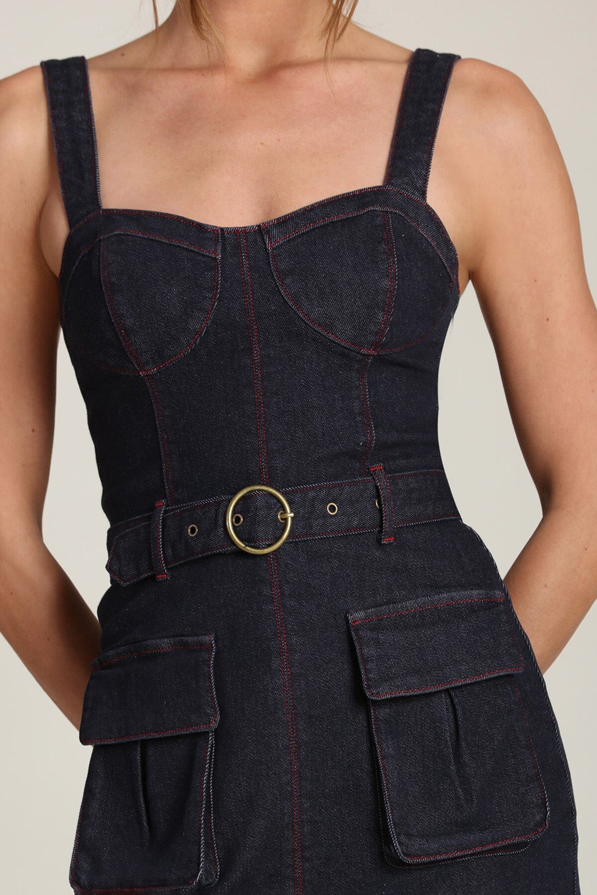 Denim utility cotton blend indigo blue mini dress with wide adjustable straps and removable matching belt - Shop designer women's mini dresses by Avec Les Filles