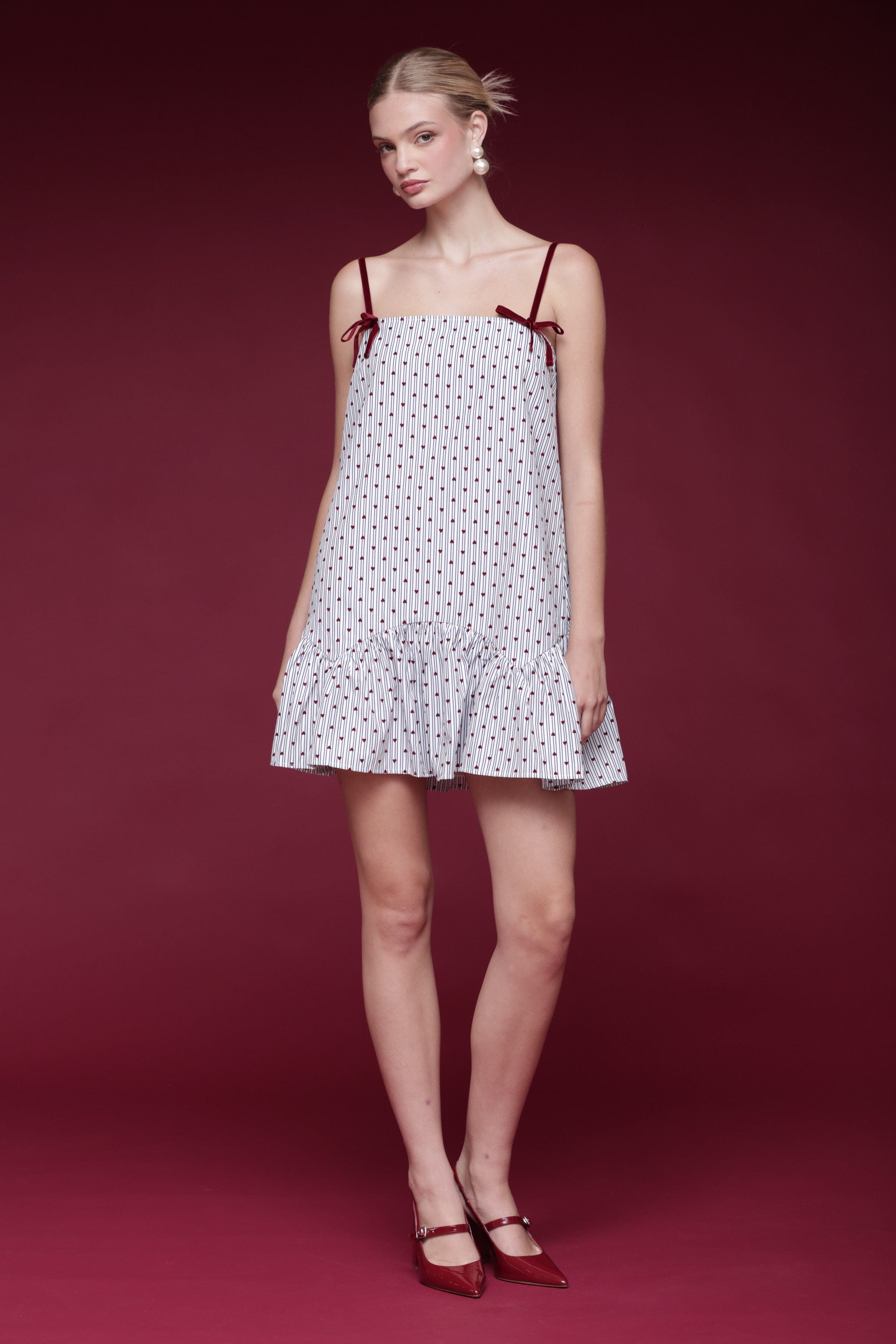 Heart-print blue stripe babydoll mini dress with adjustable spaghetti straps and square neckline - Shop designer women's mini dresses by Avec Les Filles