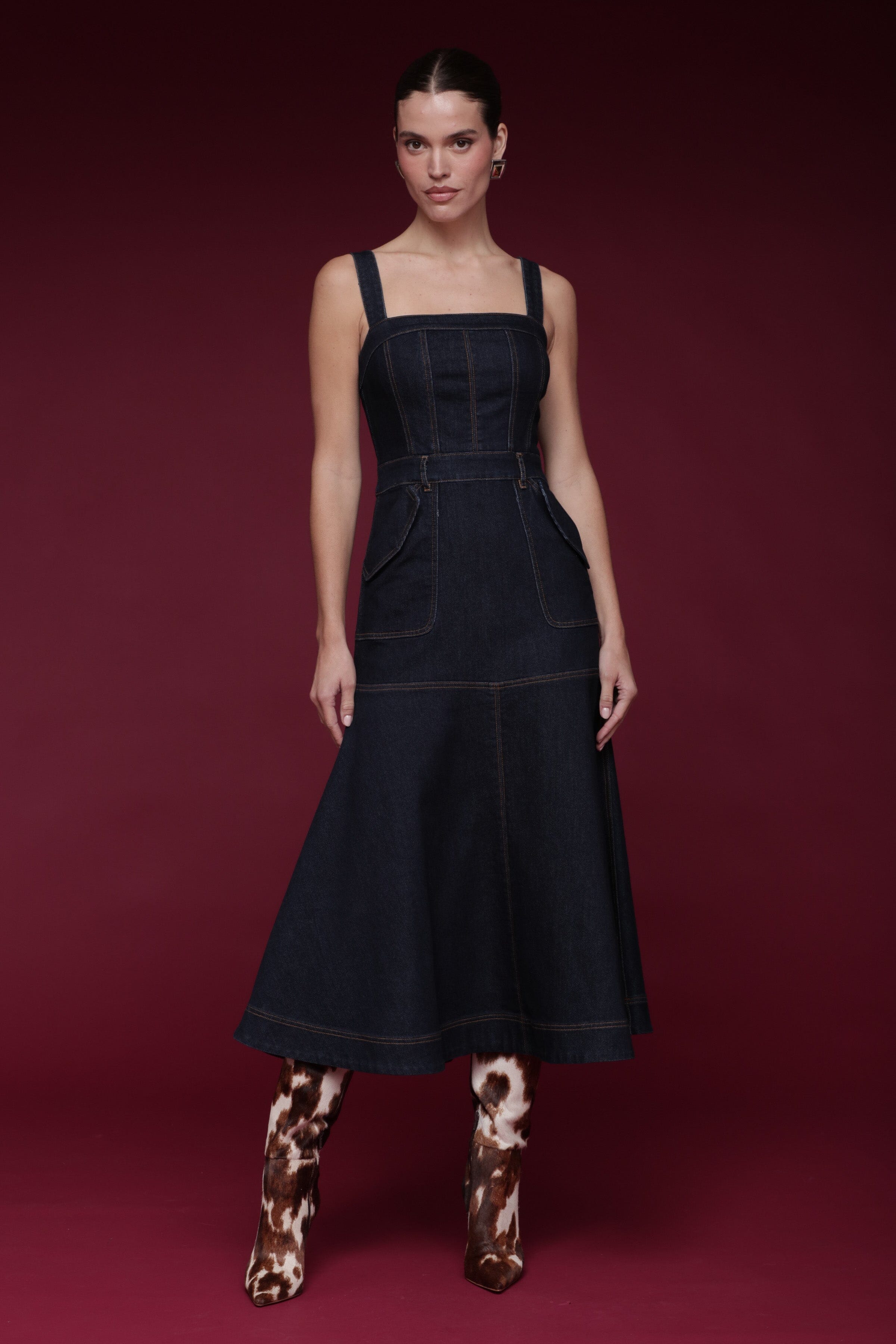 Denim utility indigo blue midi dress with adjustable wide straps and fitted corset-style - Shop designer women's midi dresses by Avec Les Filles