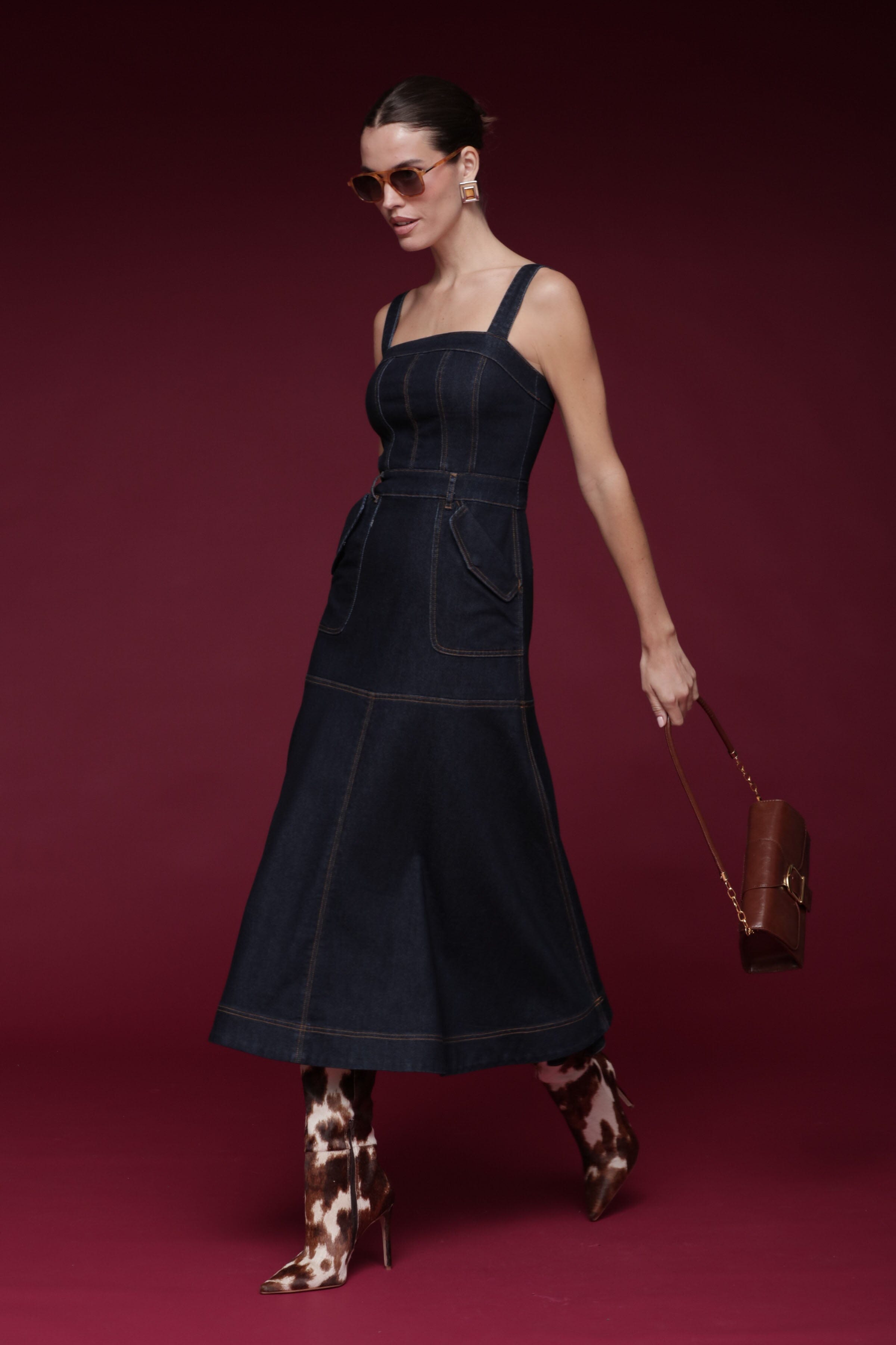Denim utility indigo blue midi dress with adjustable wide straps and fitted corset-style - Shop designer women's midi dresses by Avec Les Filles