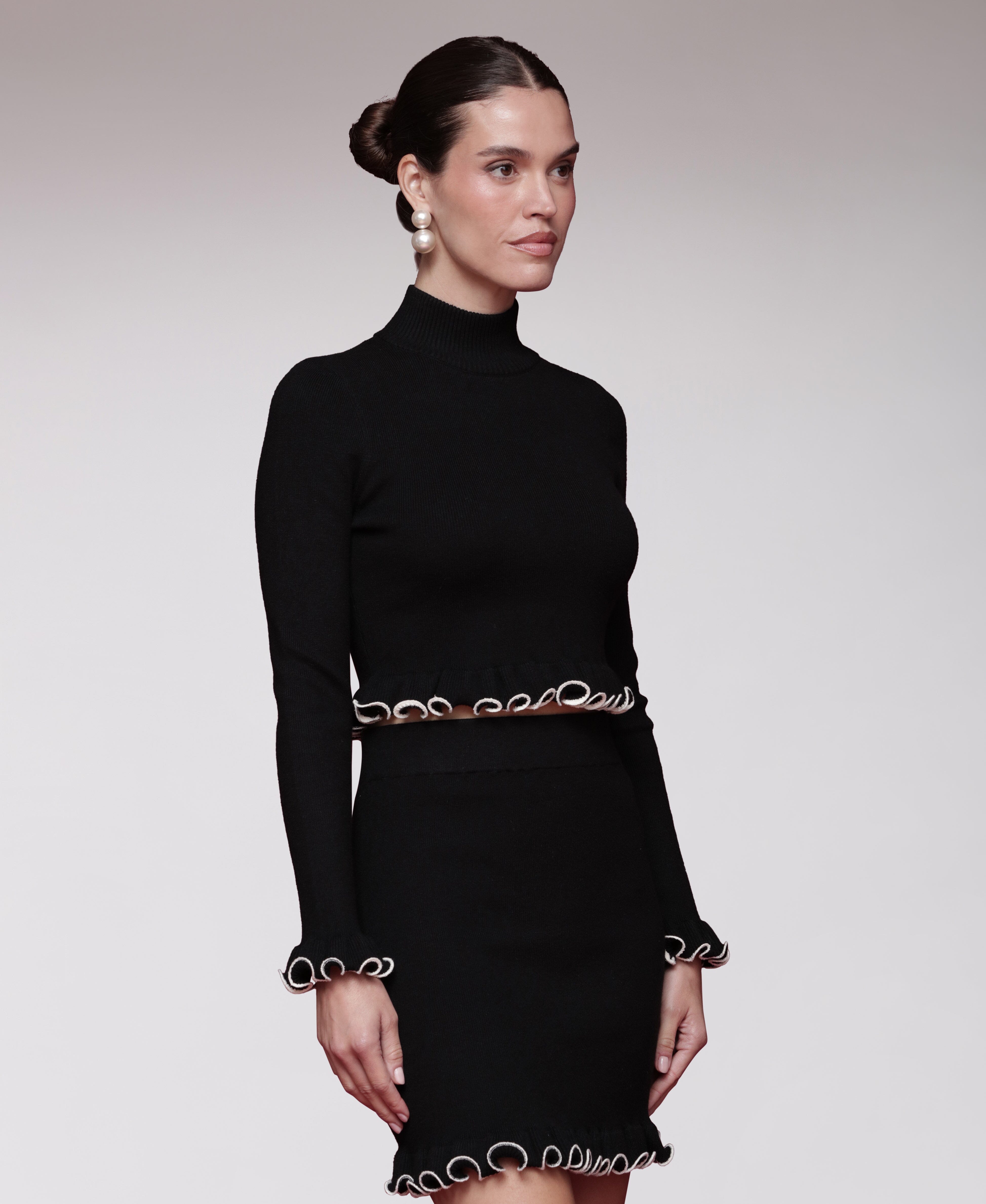 Black cropped mock neck sweater with ruffles and long sleeves - Shop women's cute sweaters by Avec Les Filles.