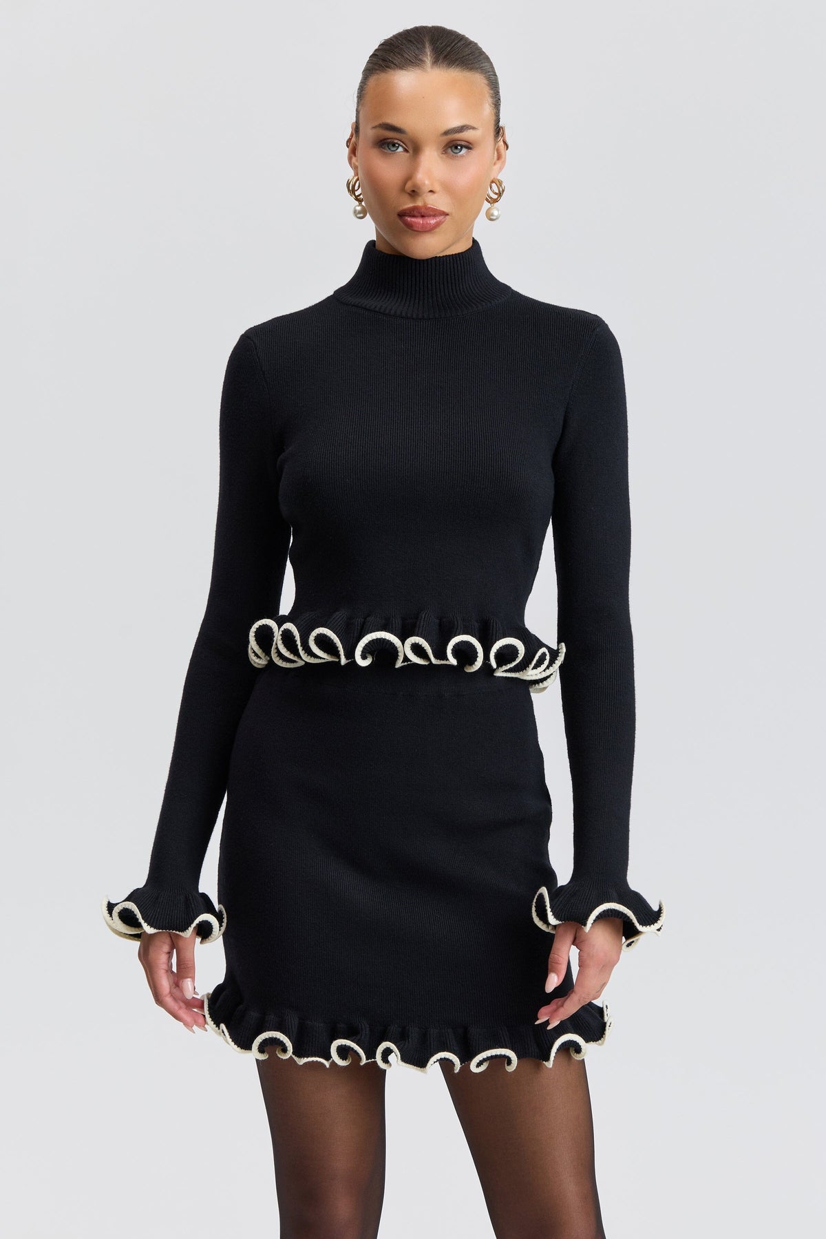 Ruffle Trim Cropped Mock Neck Sweater Sweater Avec Les Filles Black XS