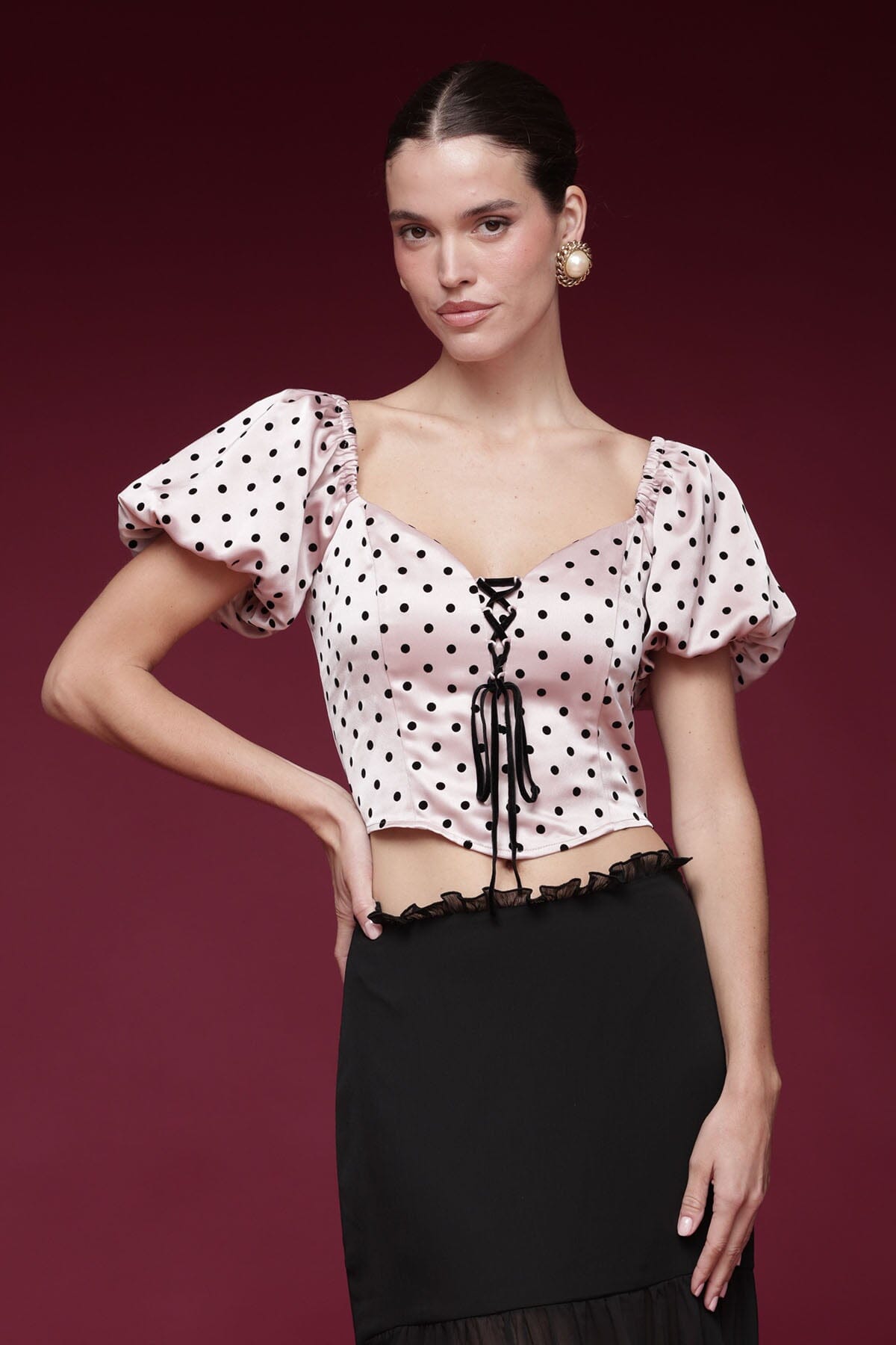 Polka dot satin pink and black top and sweetheart neckline and lace-up tie front, and puff short sleeves - Shop designer women's tops by Avec Les Filles