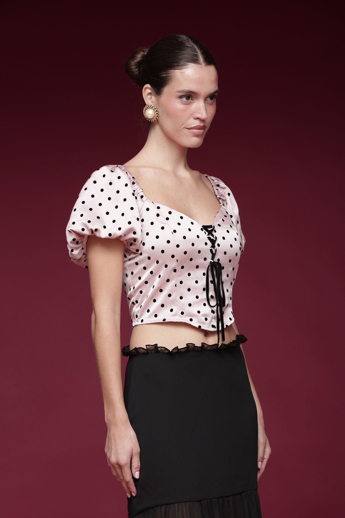 Polka dot satin pink and black top and sweetheart neckline and lace-up tie front, and puff short sleeves - Shop designer women's tops by Avec Les Filles