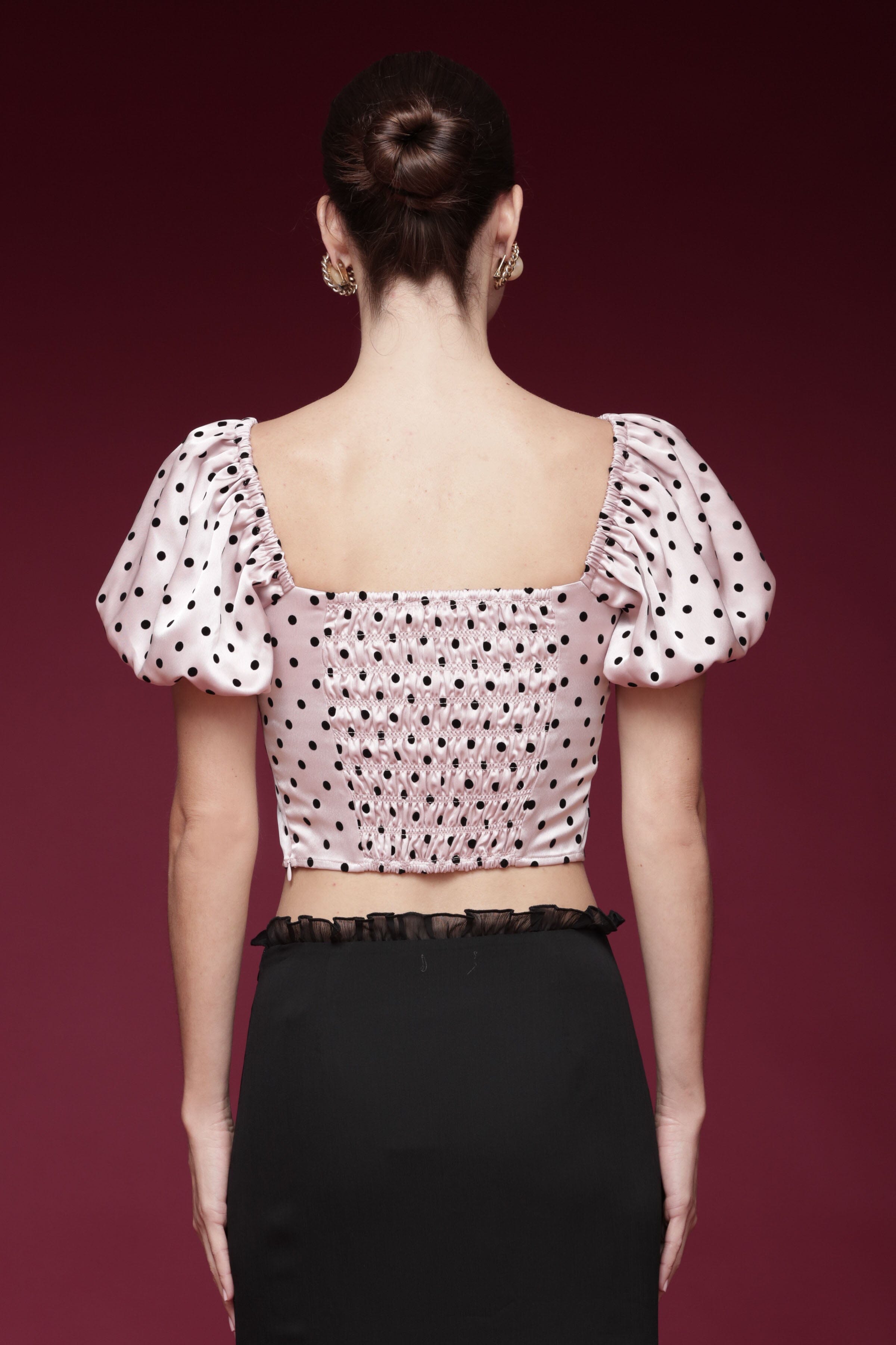 Polka dot satin pink and black top and sweetheart neckline and lace-up tie front, and puff short sleeves - Shop designer women's tops by Avec Les Filles