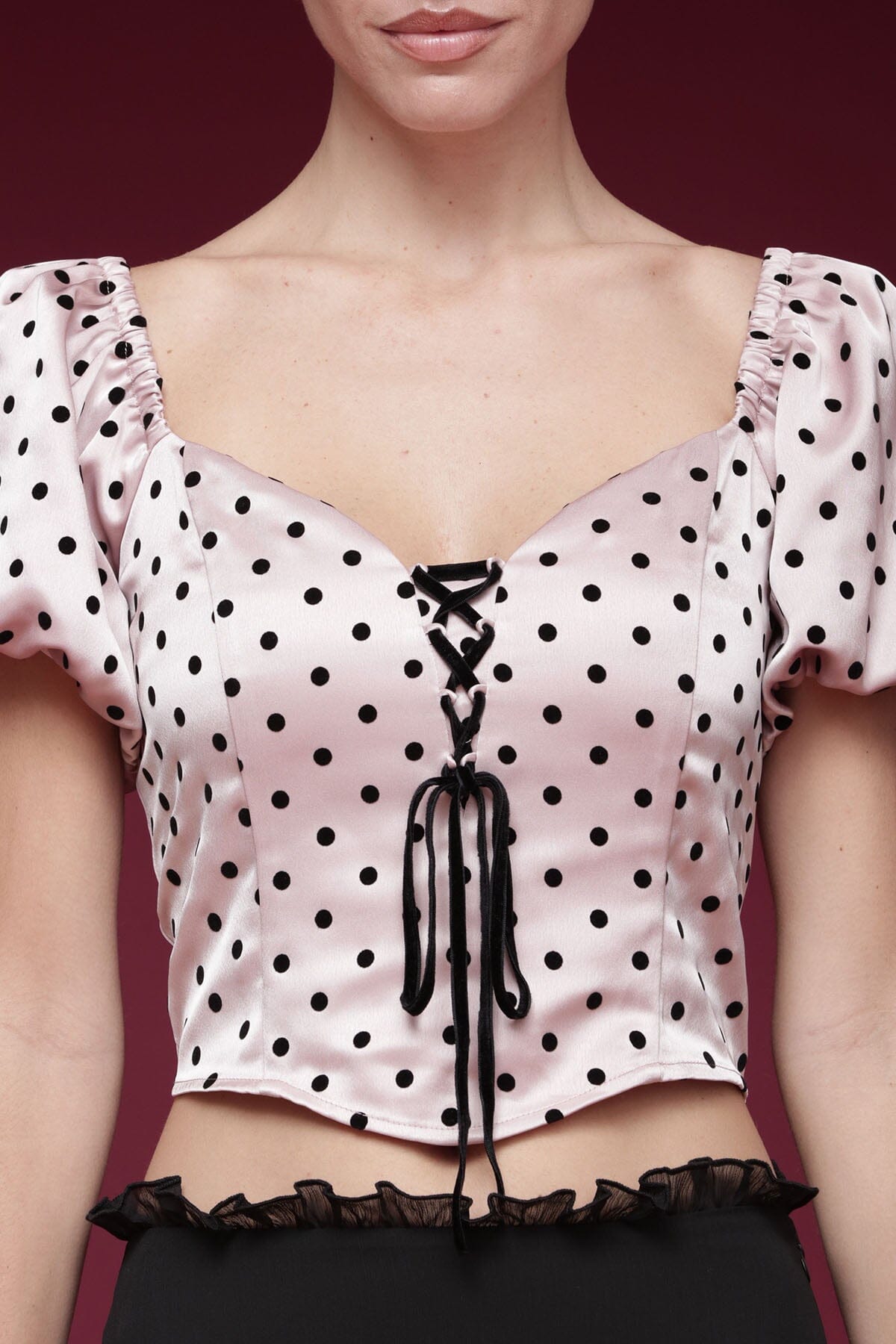 Polka dot satin pink and black top and sweetheart neckline and lace-up tie front, and puff short sleeves - Shop designer women's tops by Avec Les Filles