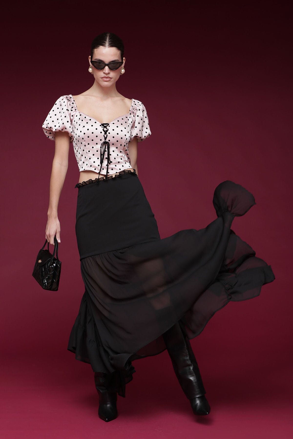 Sheer chiffon ruffle black maxi skirt with ruffle tiers and asymmetrical hem - Shop designer women's maxi skirts by Avec Les Filles