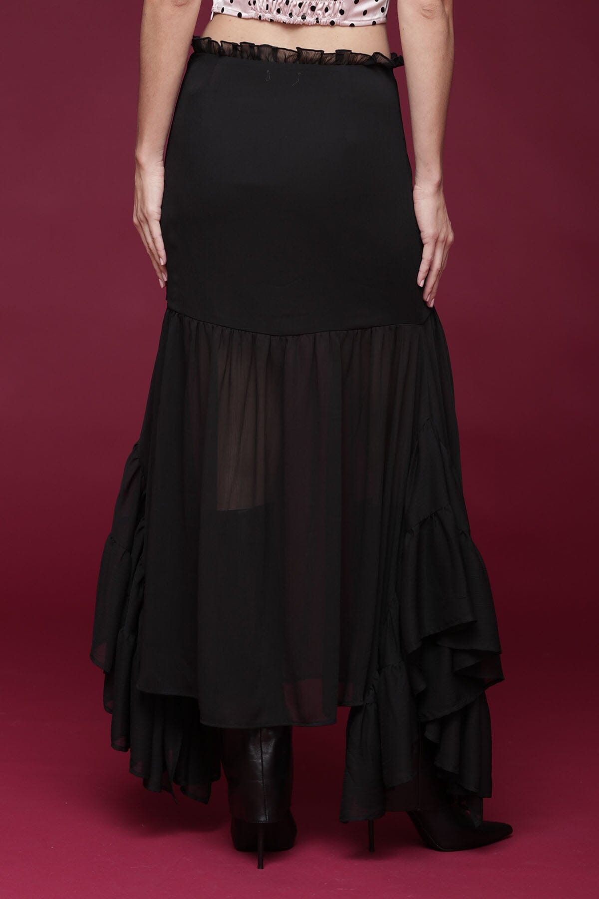Sheer chiffon ruffle black maxi skirt with ruffle tiers and asymmetrical hem - Shop designer women's maxi skirts by Avec Les Filles
