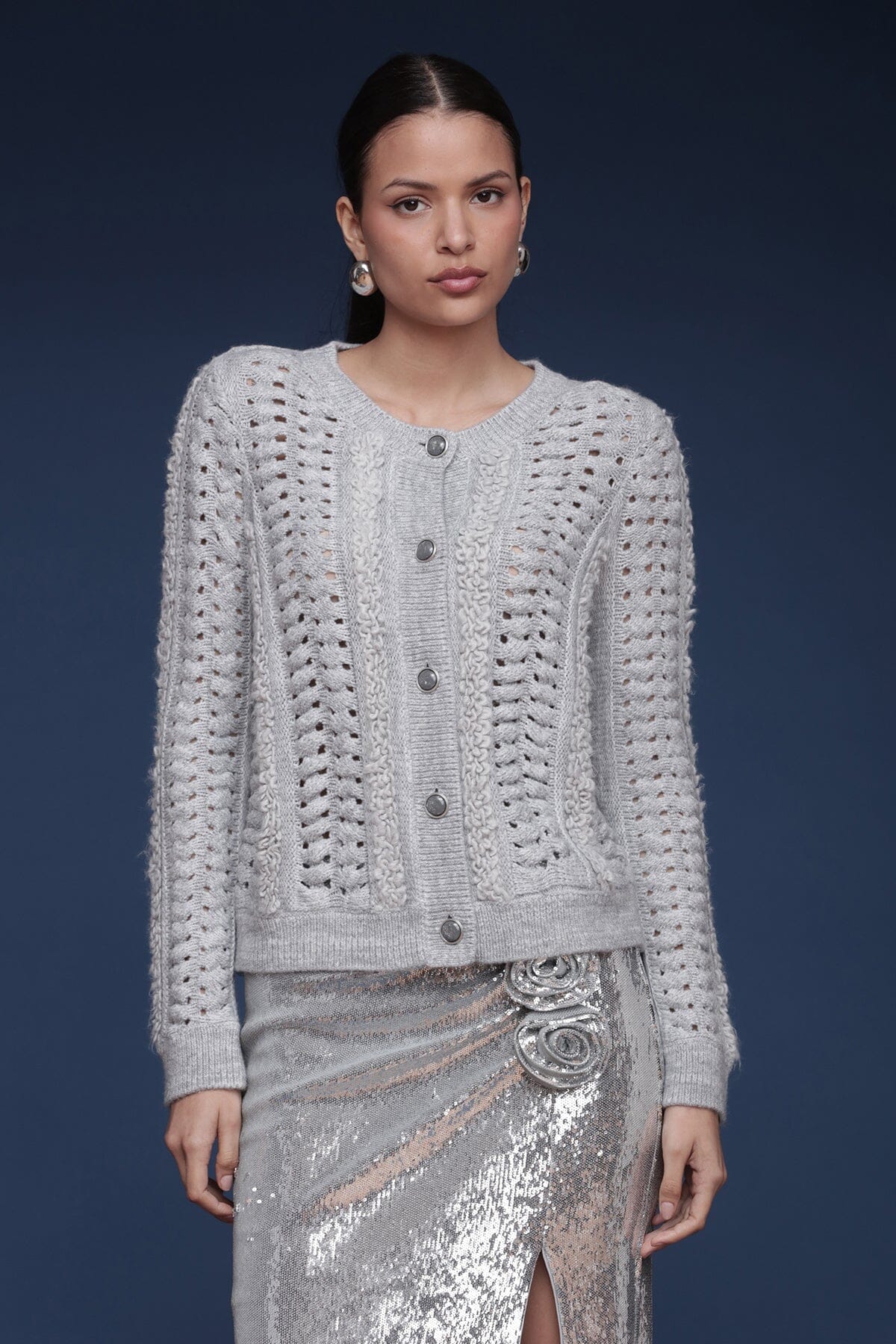 Textured Knit button-front grey cardigan with long sleeves, open knit pattern and crew neckline - Shop designer women's cardigans by Avec Les Filles