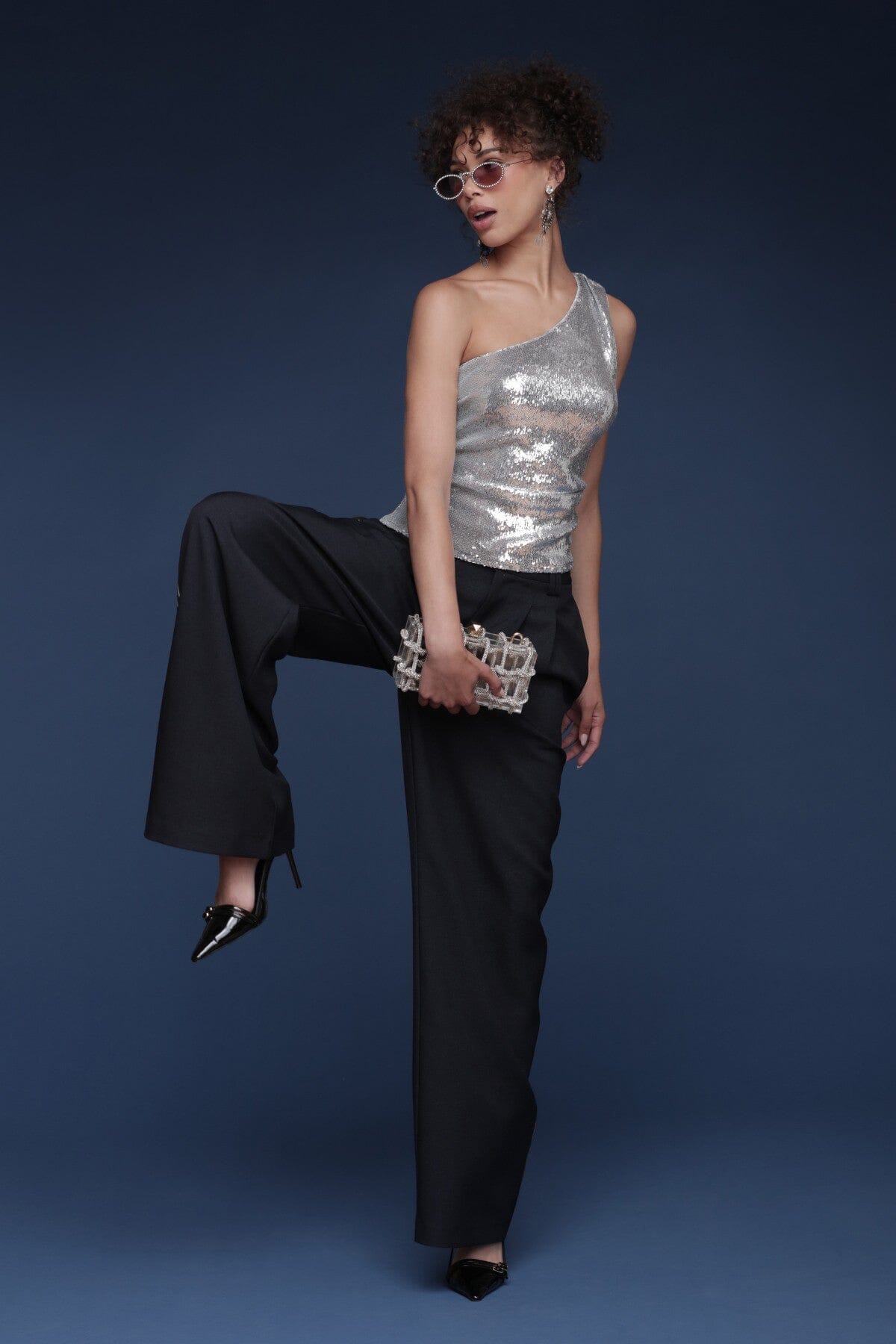 One-shoulder sequin ruched silver top with asymmetrical neckline and side zipper - Shop designer women's party tops by Avec Les Filles