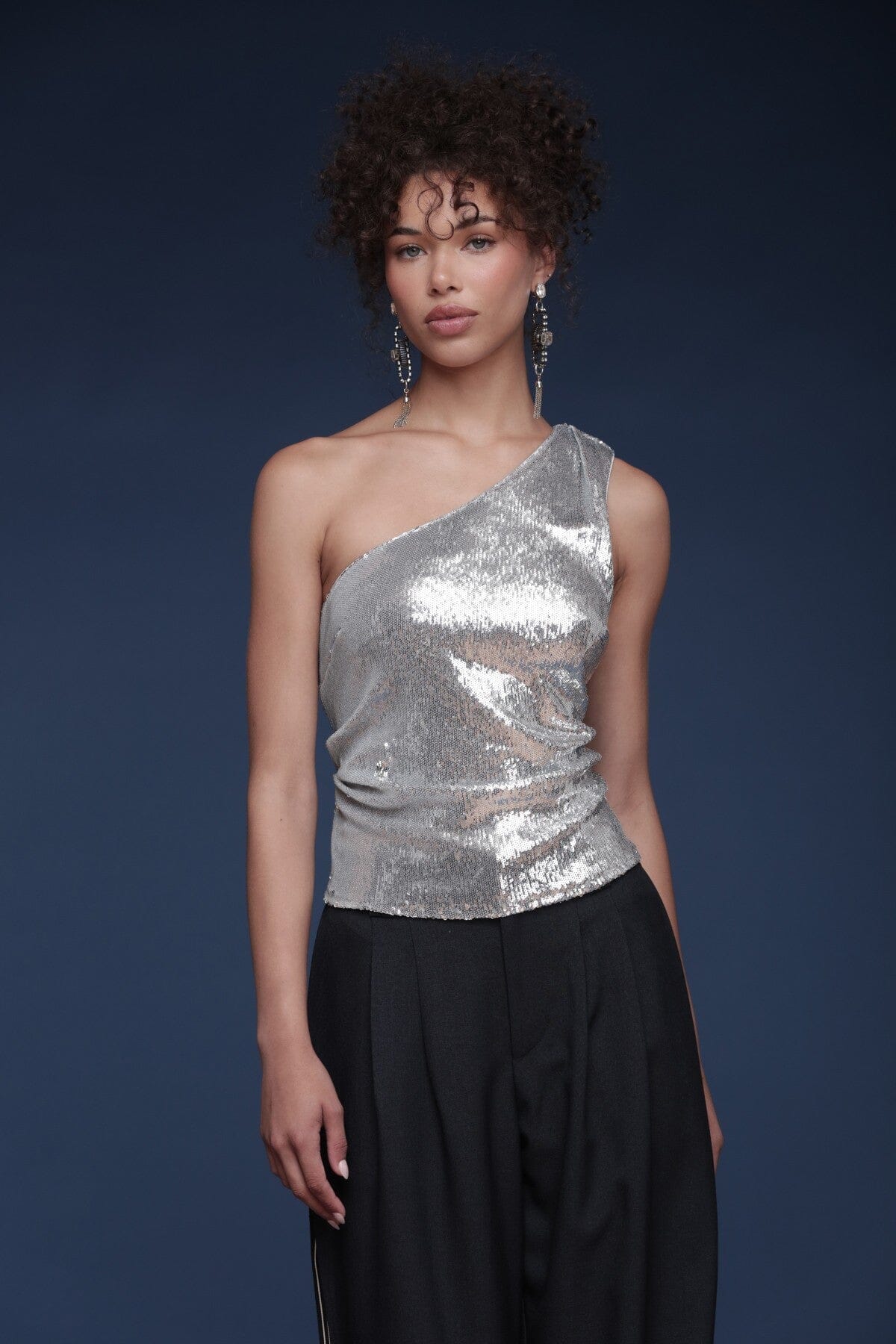 One-shoulder sequin ruched silver top with asymmetrical neckline and side zipper - Shop designer women's party tops by Avec Les Filles