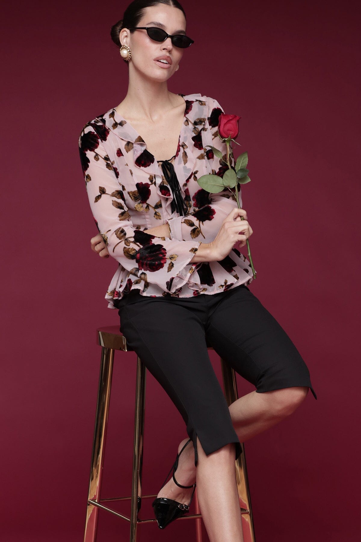 Floral velvet ruffle-front pink blouse with sheer long sleeves, V-neckline, and peplum hem - Shop designer women's tops by Avec Les Filles