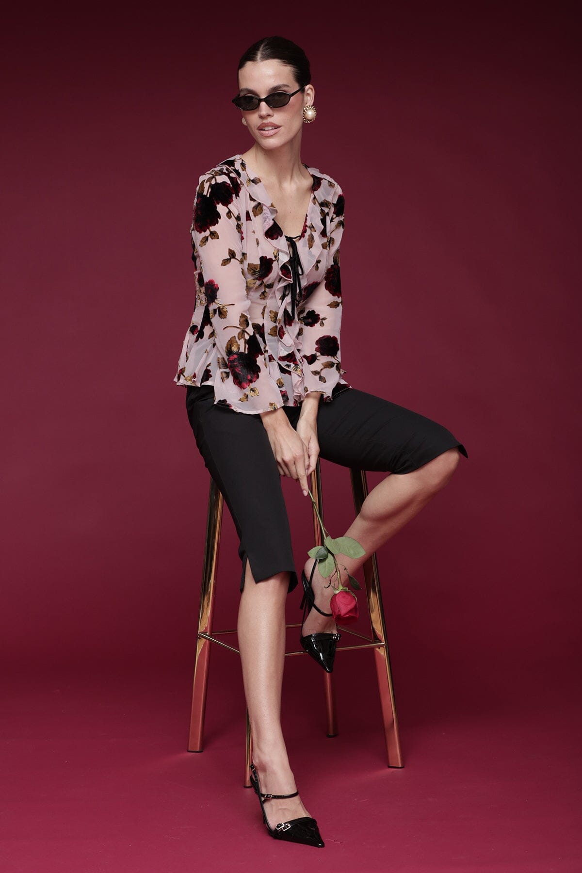 Floral velvet ruffle-front pink blouse with sheer long sleeves, V-neckline, and peplum hem - Shop designer women's tops by Avec Les Filles