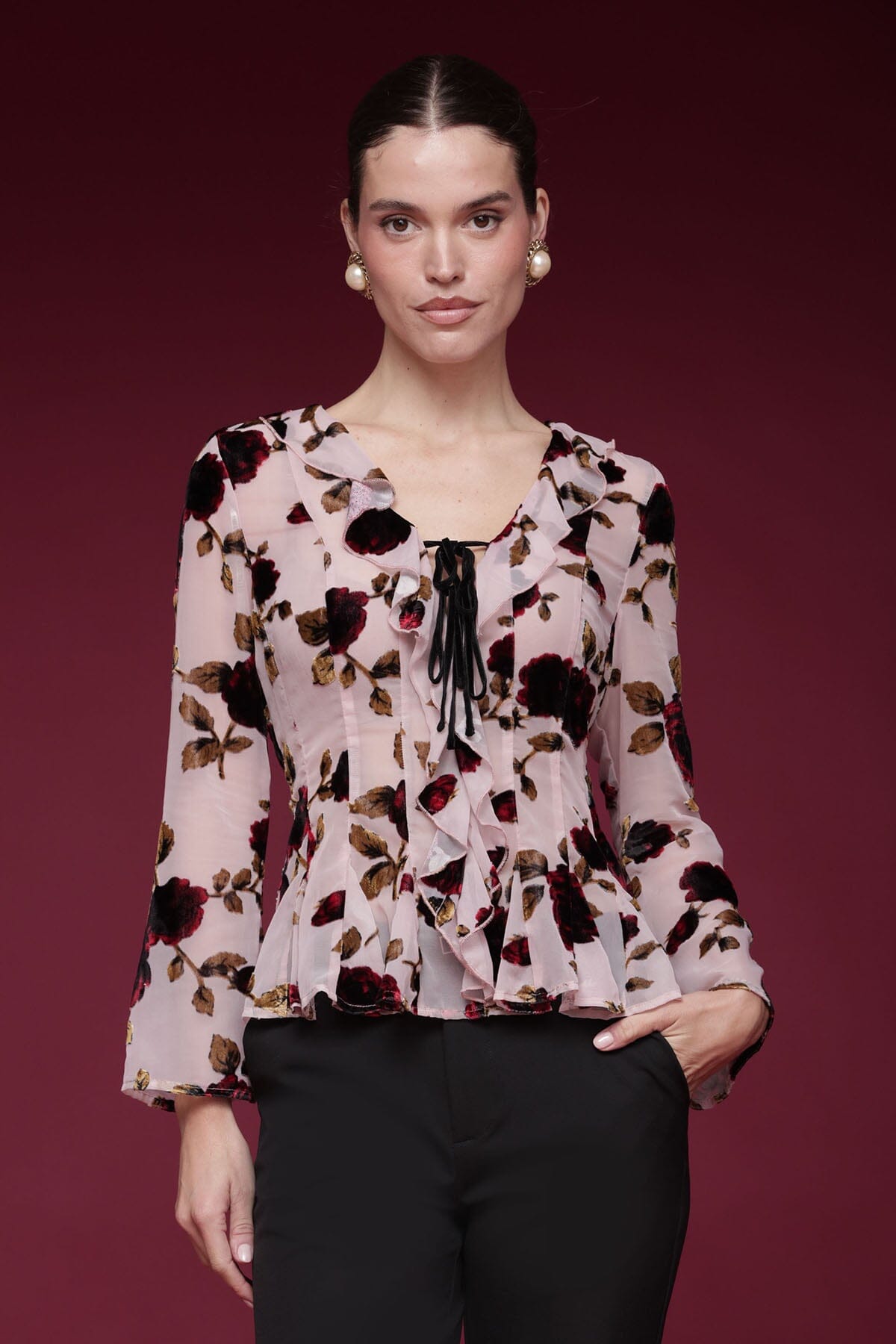Floral velvet ruffle-front pink blouse with sheer long sleeves, V-neckline, and peplum hem - Shop designer women's tops by Avec Les Filles