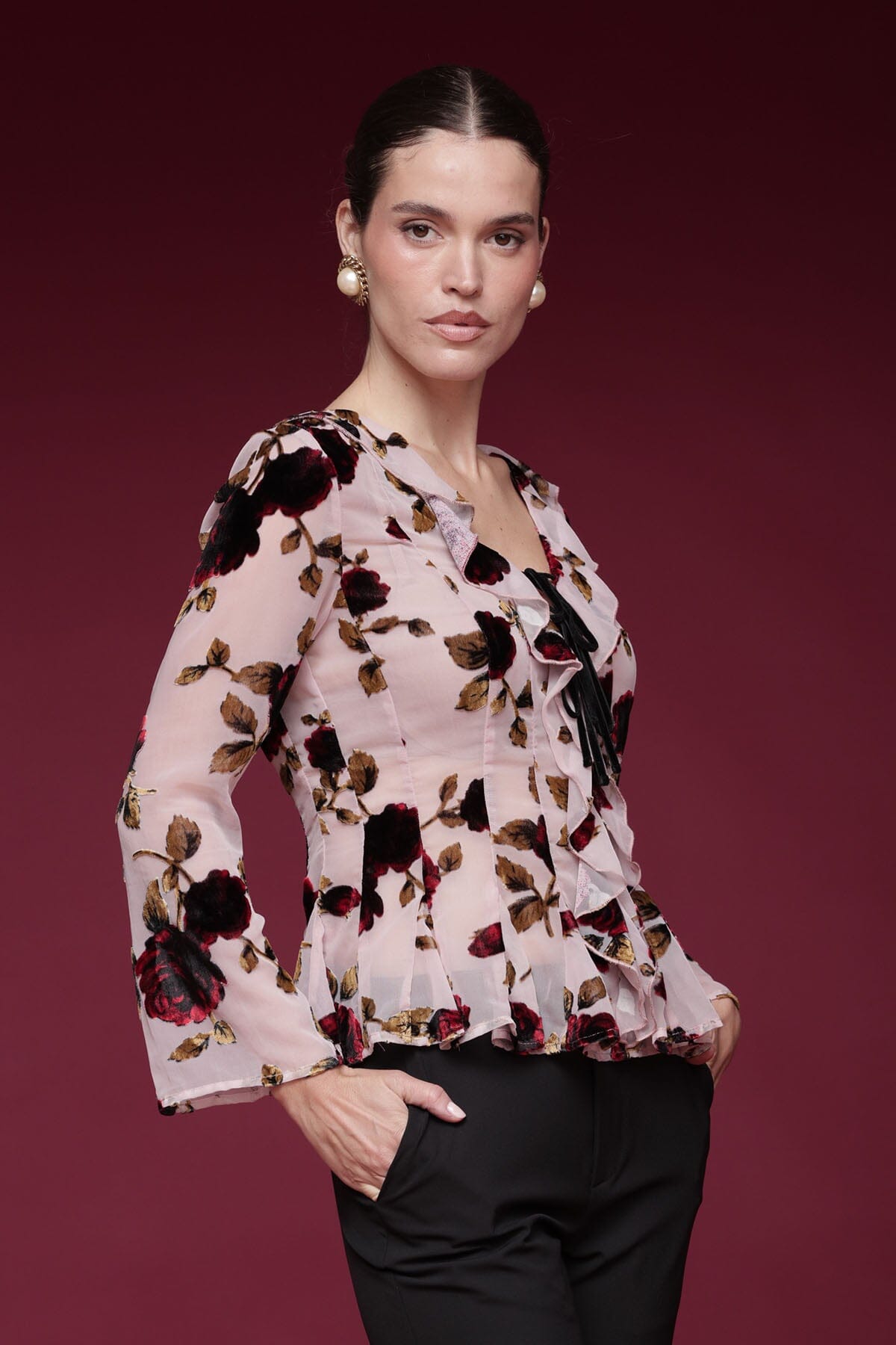 Floral velvet ruffle-front pink blouse with sheer long sleeves, V-neckline, and peplum hem - Shop designer women's tops by Avec Les Filles
