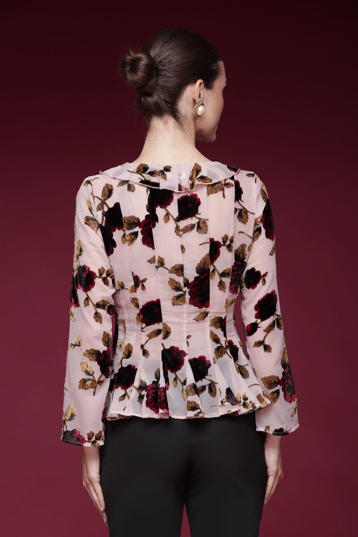 Floral velvet ruffle-front pink blouse with sheer long sleeves, V-neckline, and peplum hem - Shop designer women's tops by Avec Les Filles